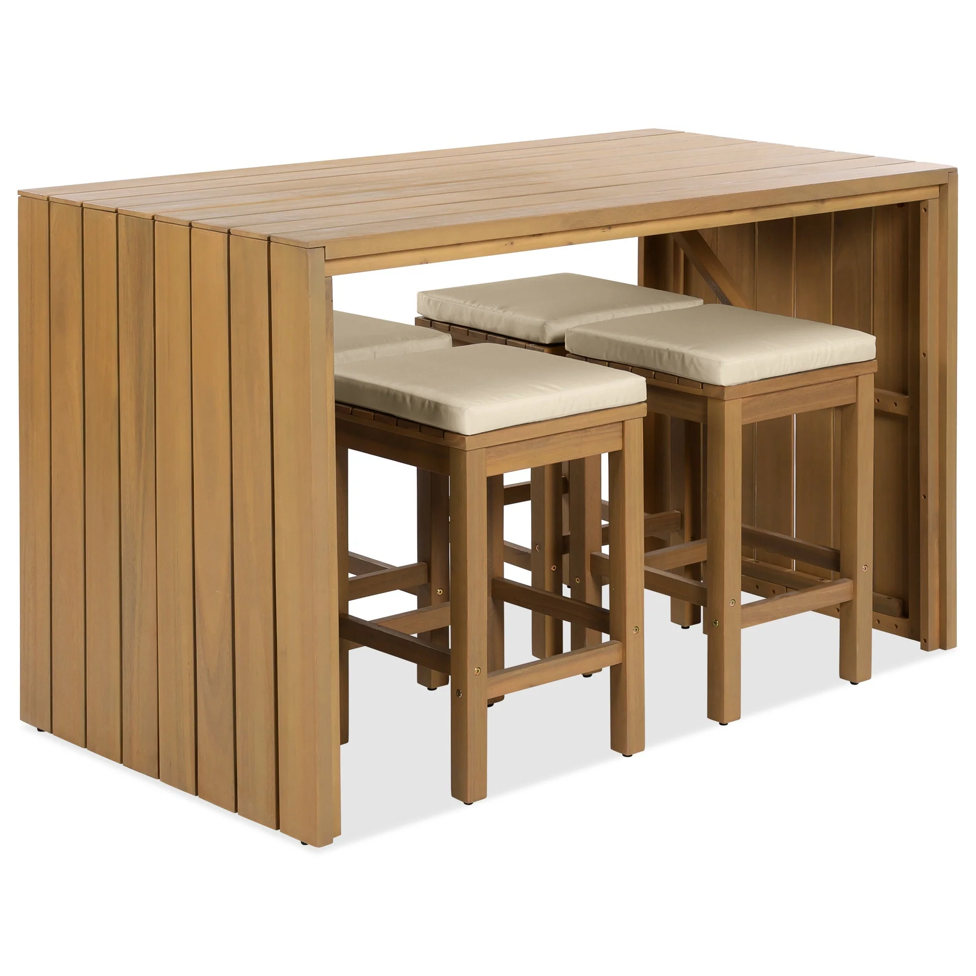 5 Piece Outdoor Bar Set with Acacia Wood Table and Cushioned Stools - Image 11