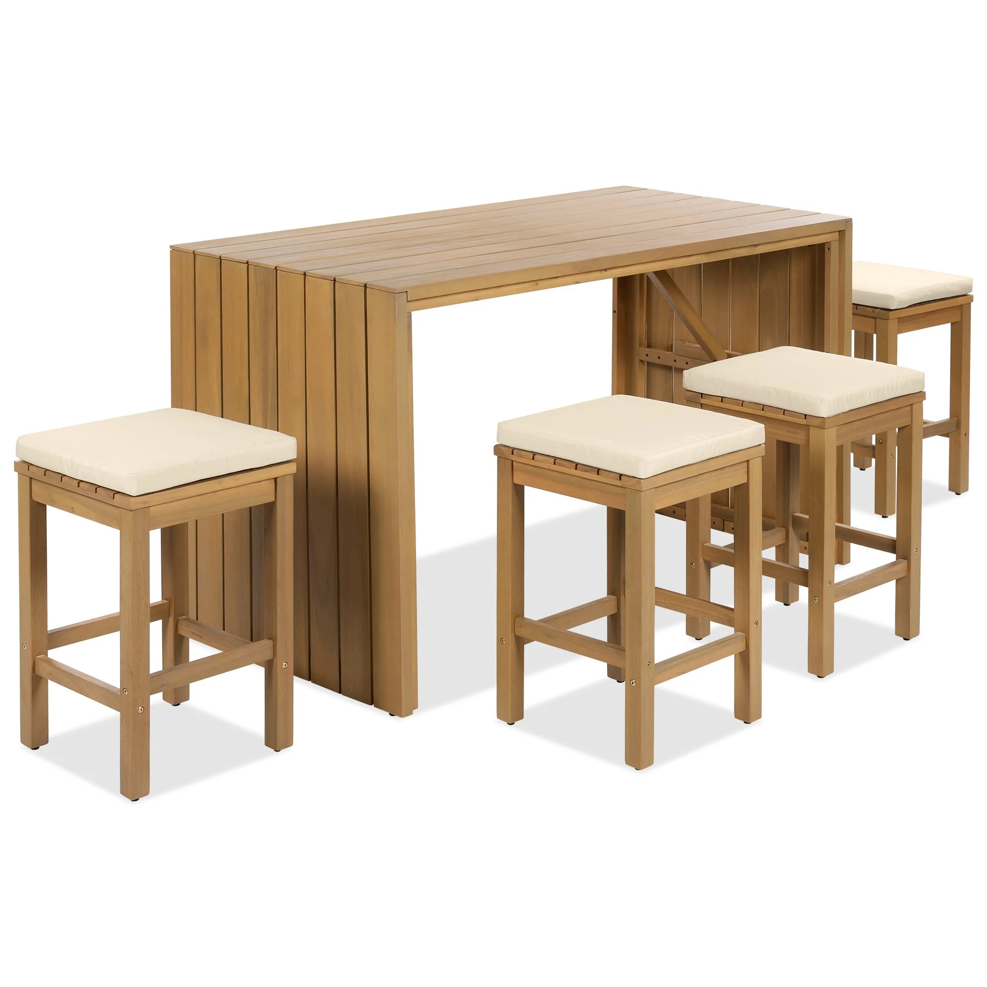 5 Piece Outdoor Bar Set with Acacia Wood Table and Cushioned Stools - Image 12