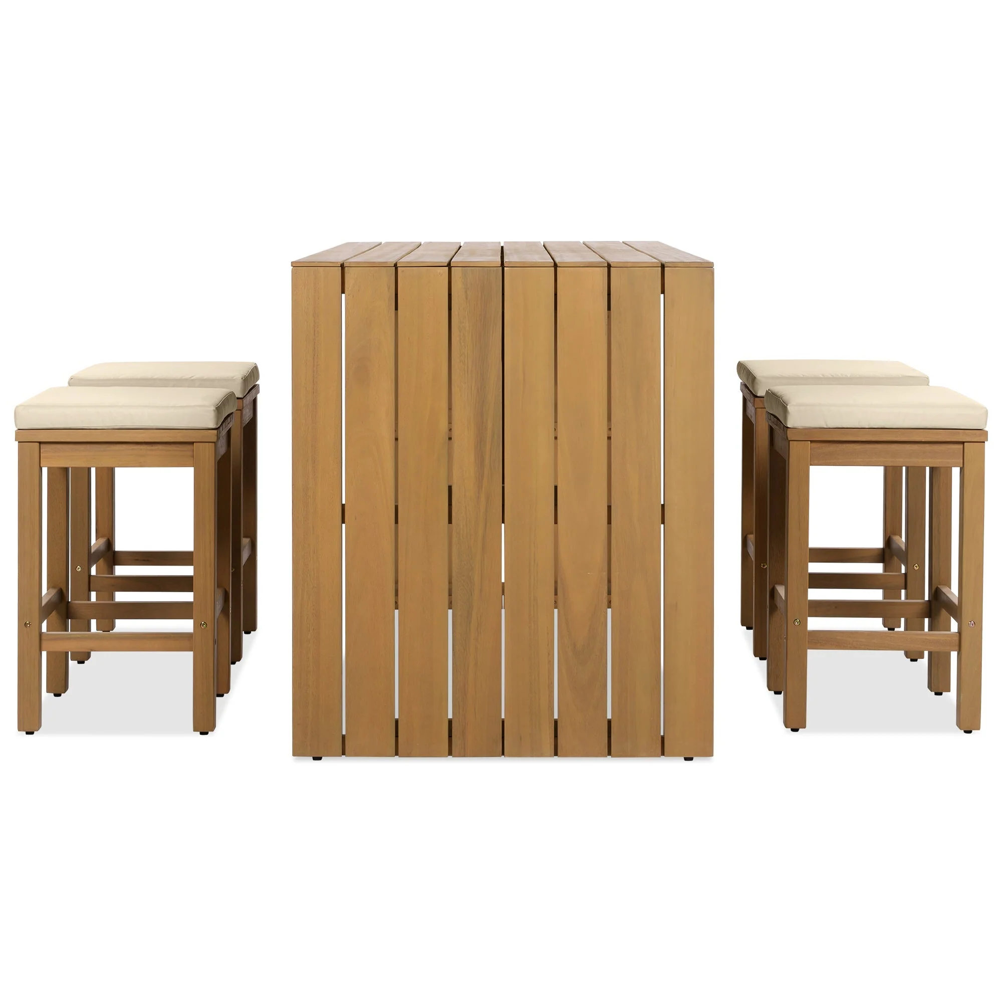 5 Piece Outdoor Bar Set with Acacia Wood Table and Cushioned Stools - Image 13