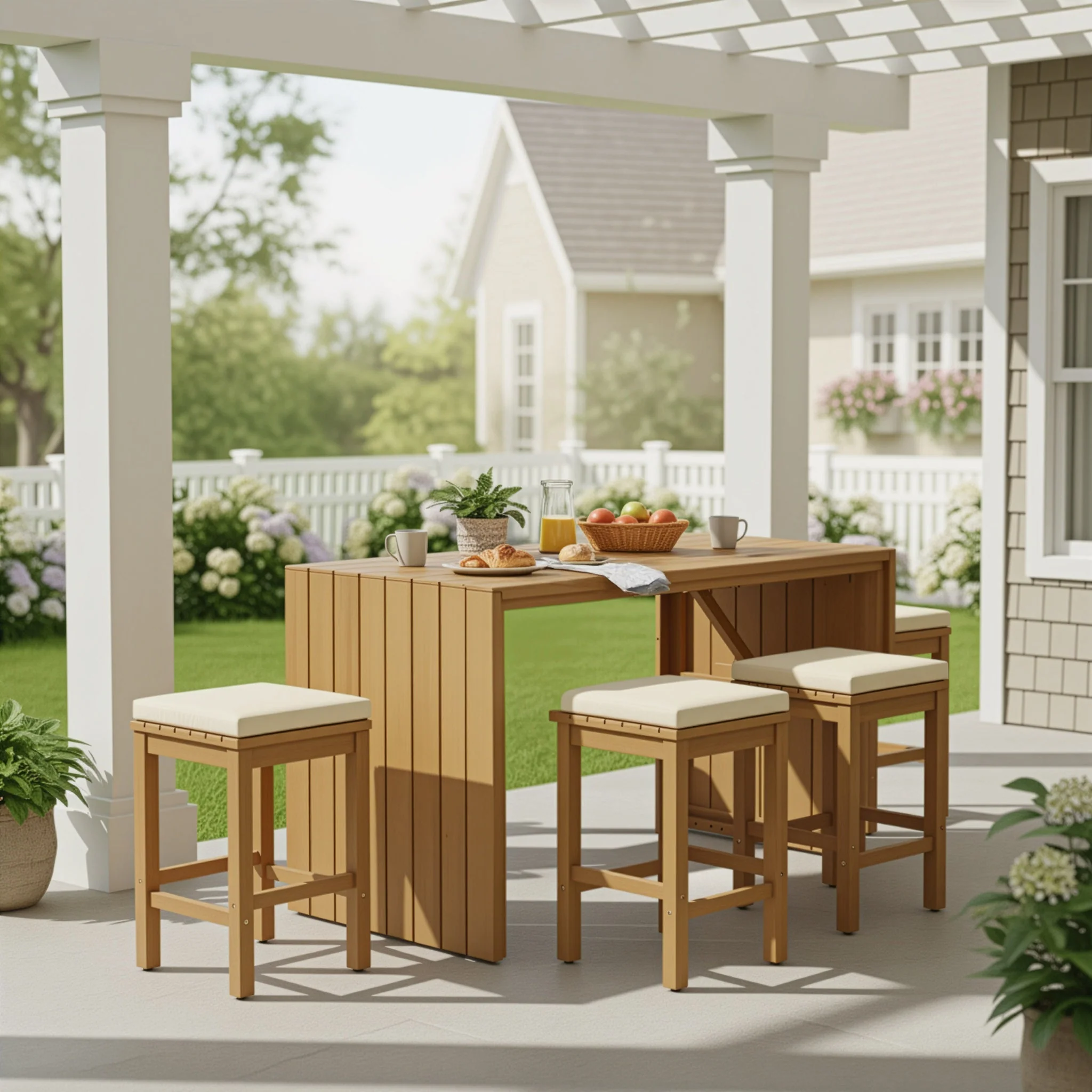 5 Piece Outdoor Bar Set with Acacia Wood Table and Cushioned Stools - Image 2