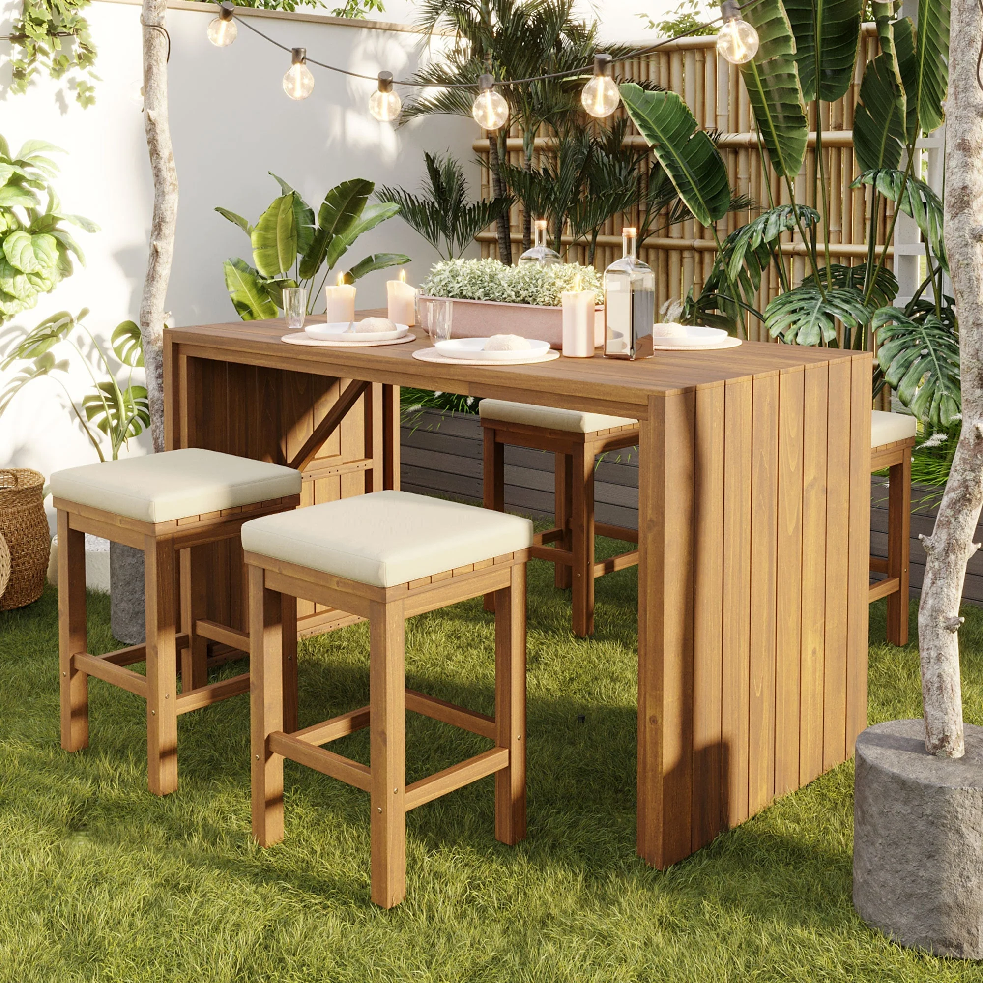 5 Piece Outdoor Bar Set with Acacia Wood Table and Cushioned Stools - Image 3