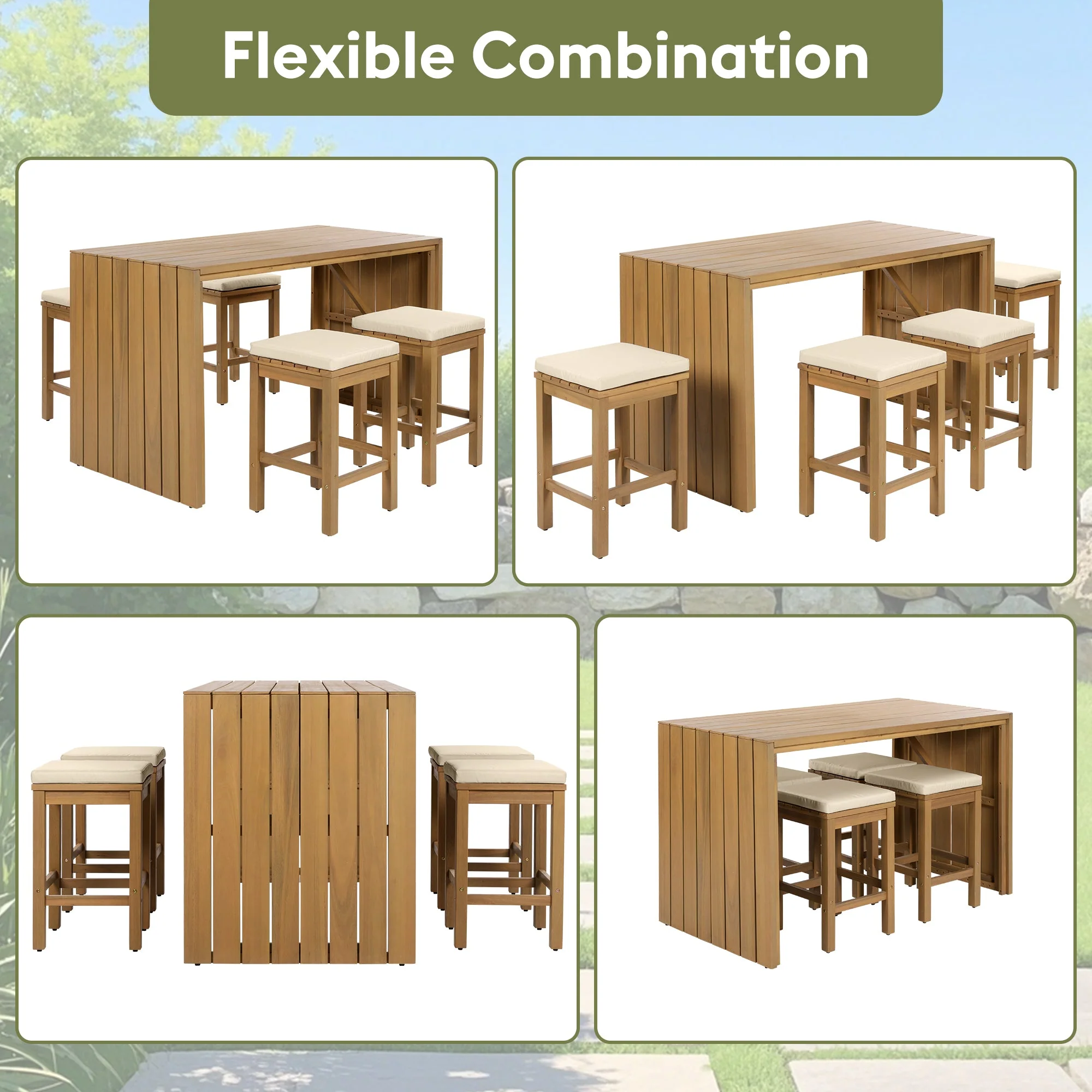 5 Piece Outdoor Bar Set with Acacia Wood Table and Cushioned Stools - Image 4