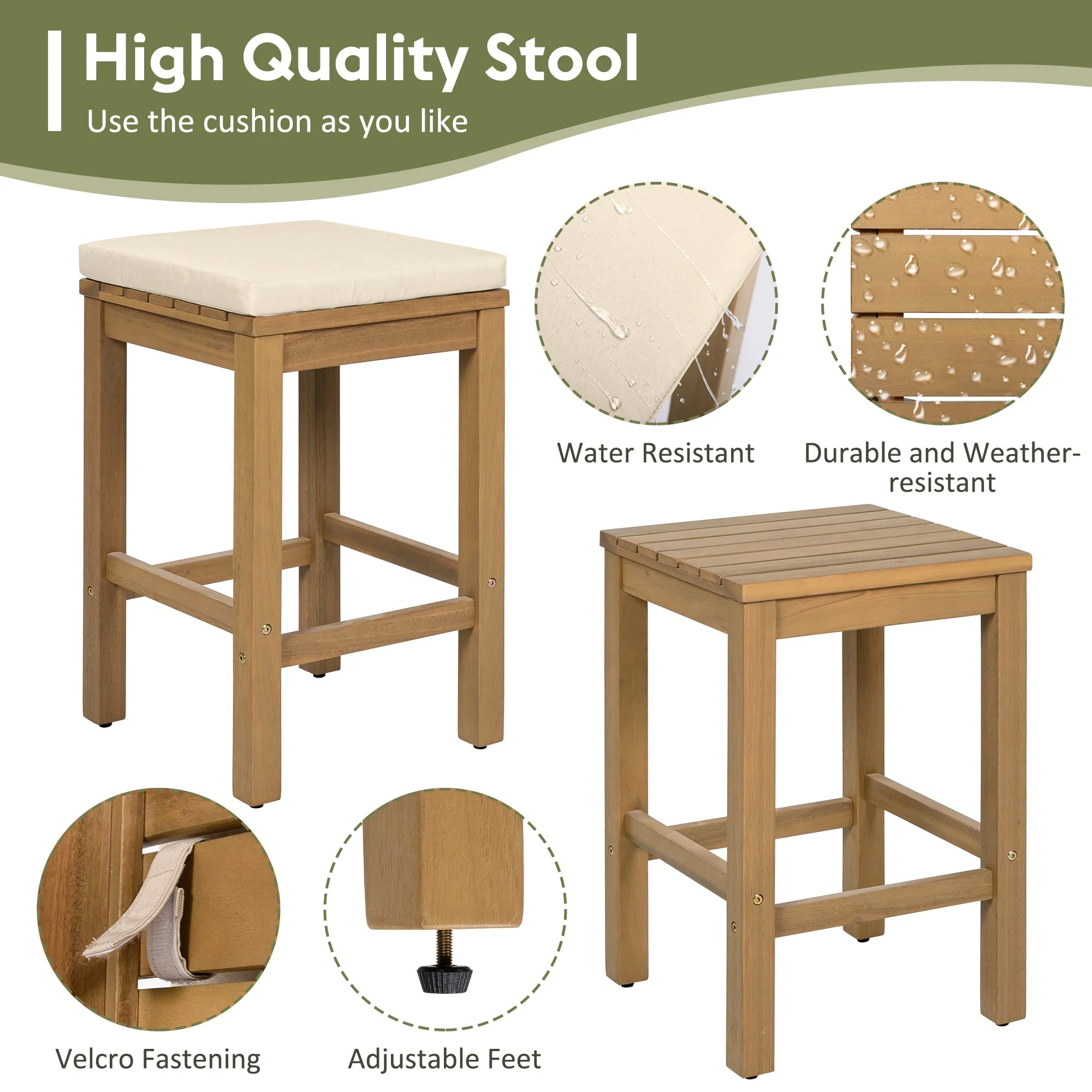 5 Piece Outdoor Bar Set with Acacia Wood Table and Cushioned Stools - Image 5