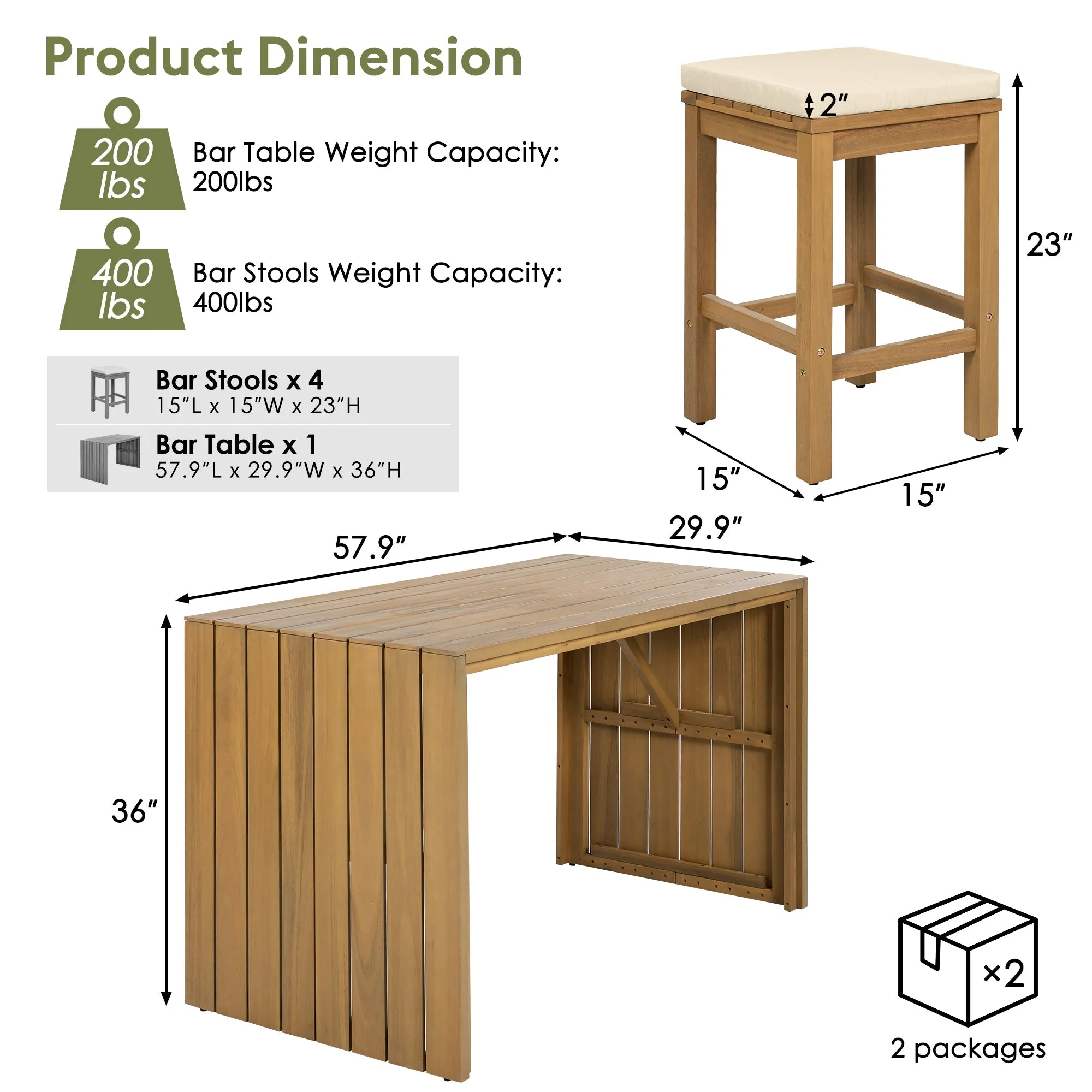 5 Piece Outdoor Bar Set with Acacia Wood Table and Cushioned Stools - Image 7