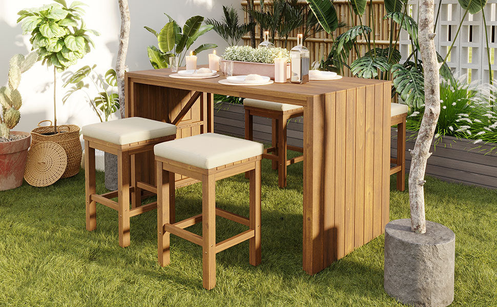 5 Piece Outdoor Bar Set with Acacia Wood Table and Cushioned Stools - Image 8
