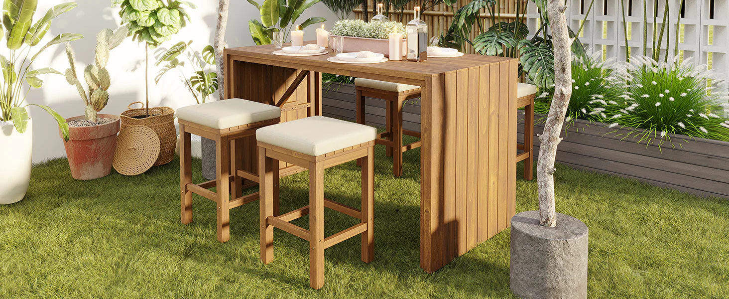 5 Piece Outdoor Bar Set with Acacia Wood Table and Cushioned Stools - Image 9