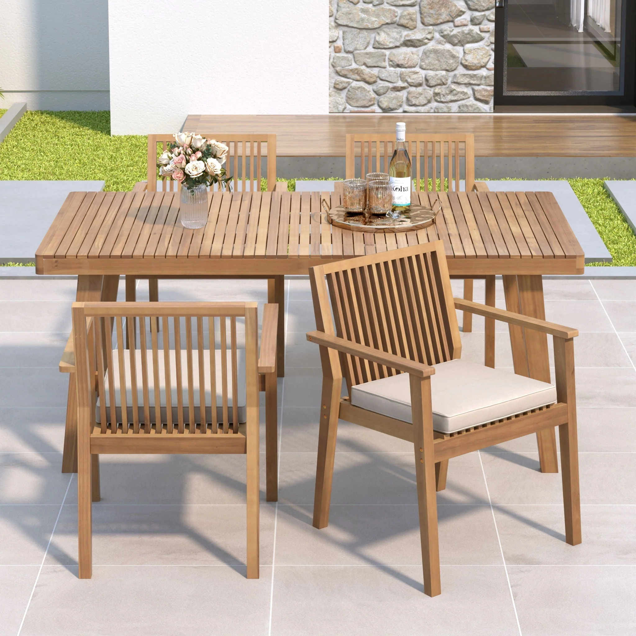 5 Piece Patio Furniture Set Acacia Wood Table and 4 Heavy Duty Cushioned Chairs - Image 3