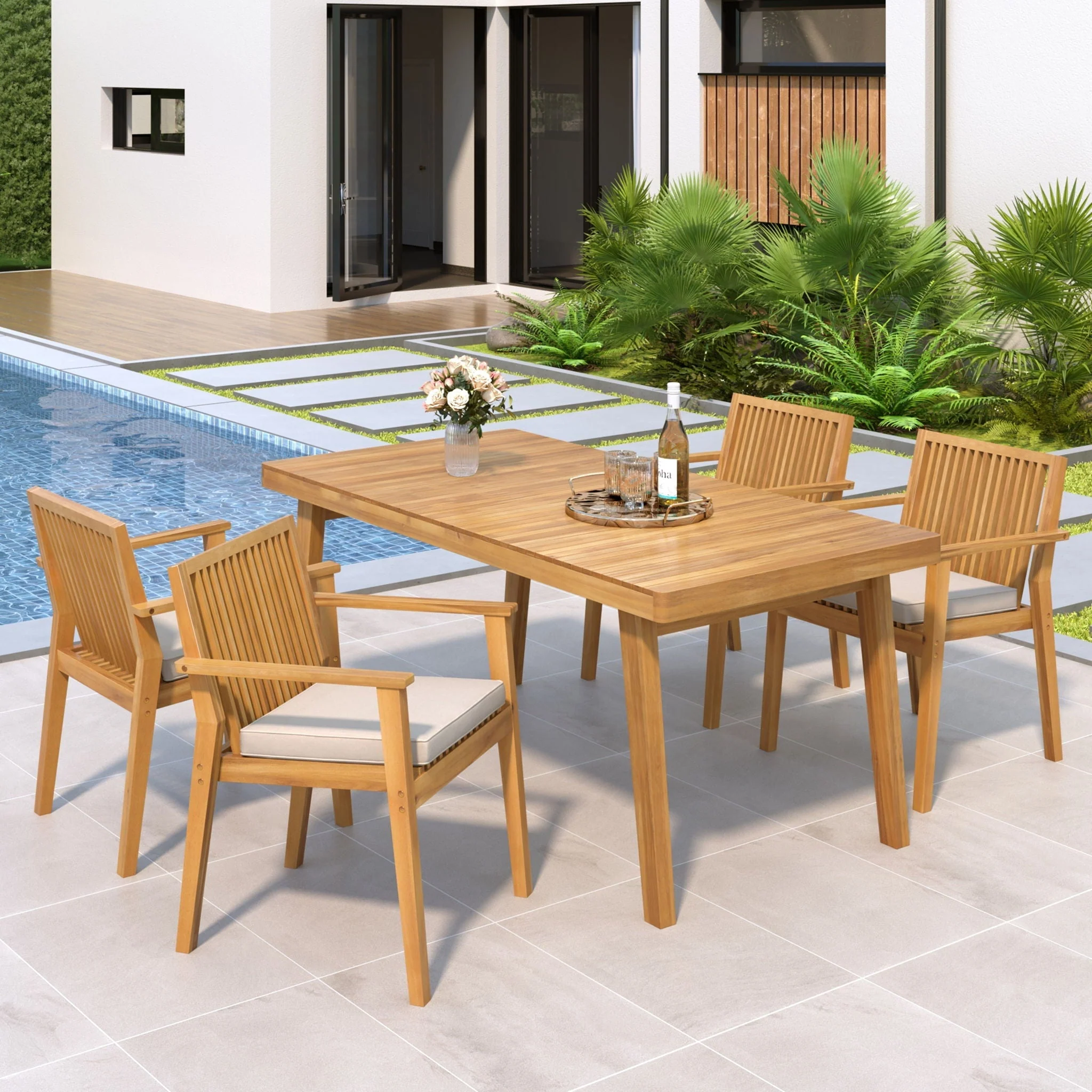 5 Piece Patio Furniture Set Acacia Wood Table and 4 Heavy Duty Cushioned Chairs - Image 4