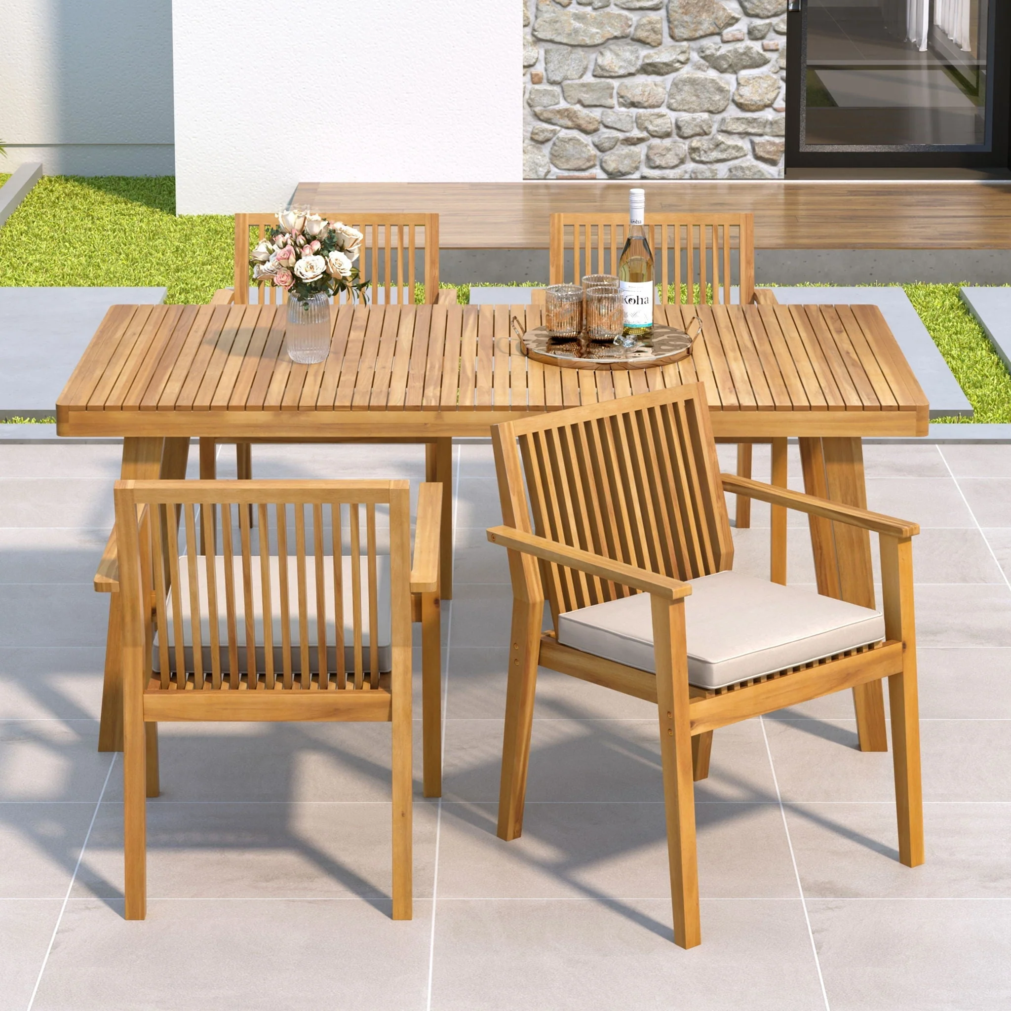 5 Piece Patio Furniture Set Acacia Wood Table and 4 Heavy Duty Cushioned Chairs - Image 6