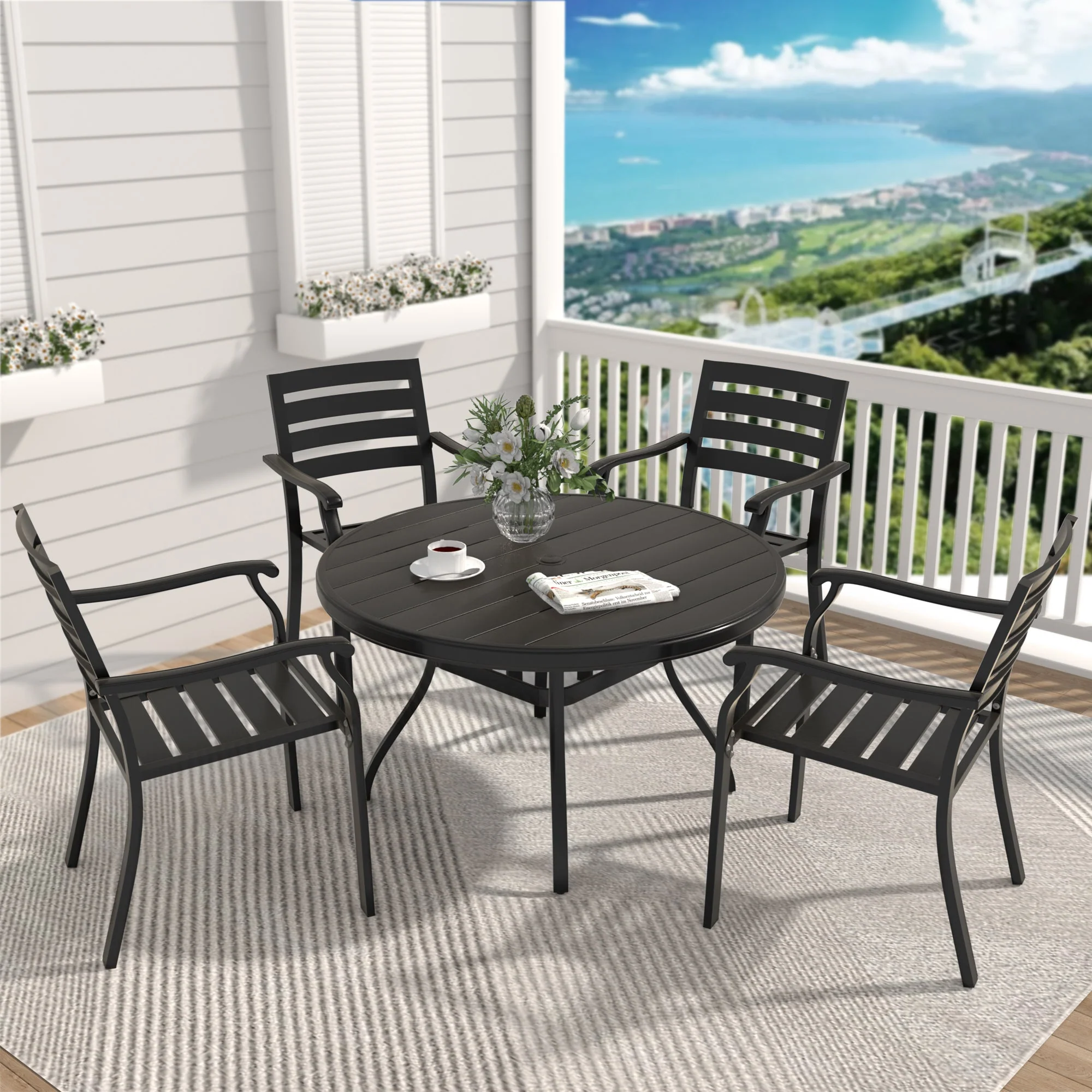 5 Pieces Outdoor Patio Dining Set with Stackable Metal Chairs and Round Table - Image 2
