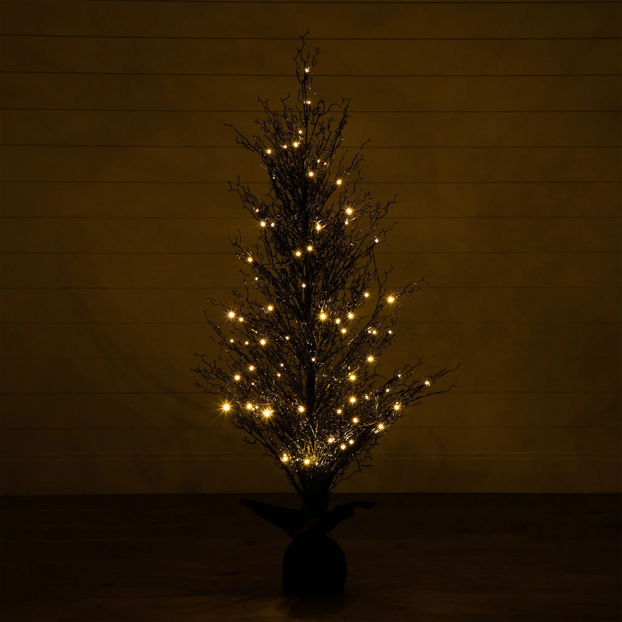 5’ Pre-Lit Halloween Black Twig Artificial Fall Tree in Burlap Planter with 85 Warm White LED Lights - Image 6