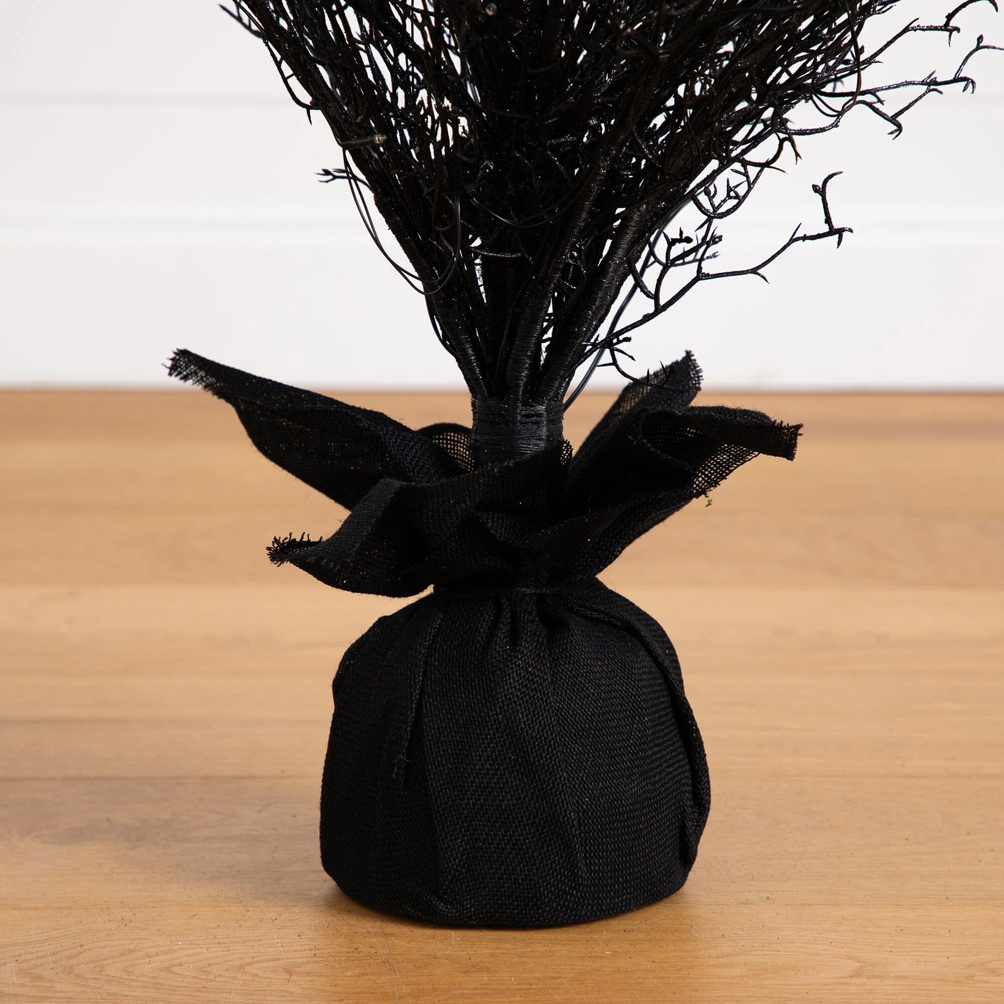 5’ Pre-Lit Halloween Black Twig Artificial Fall Tree in Burlap Planter with 85 Warm White LED Lights - Image 9