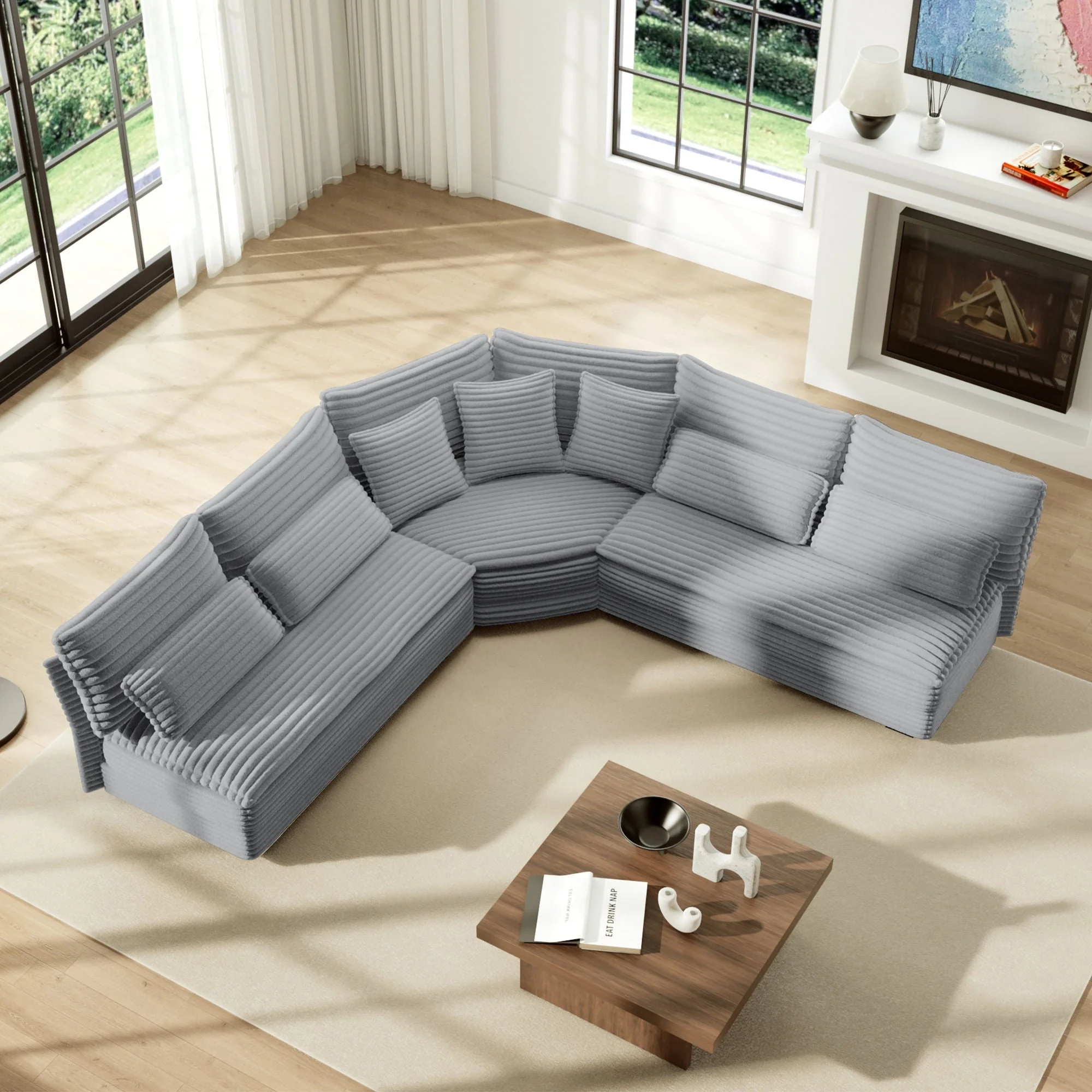 5 Seater L Shaped Sectional Sofa With Curved Corner, 7 Pillows - Image 10