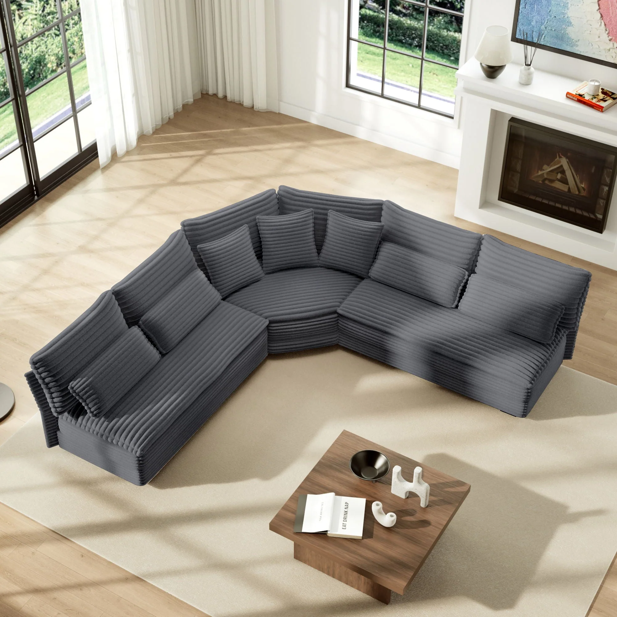 5 Seater L Shaped Sectional Sofa With Curved Corner, 7 Pillows - Image 4