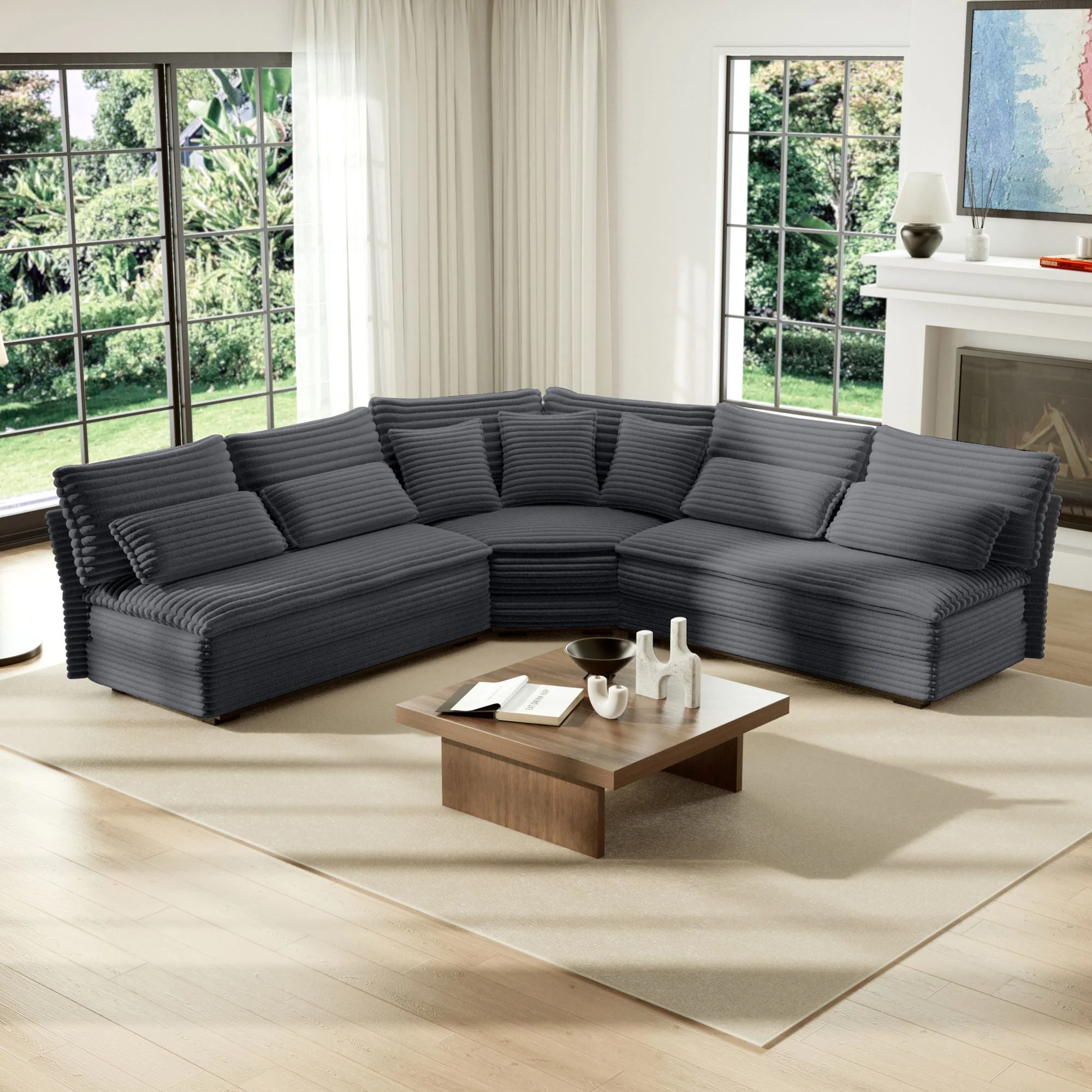 5 Seater L Shaped Sectional Sofa With Curved Corner, 7 Pillows - Image 8