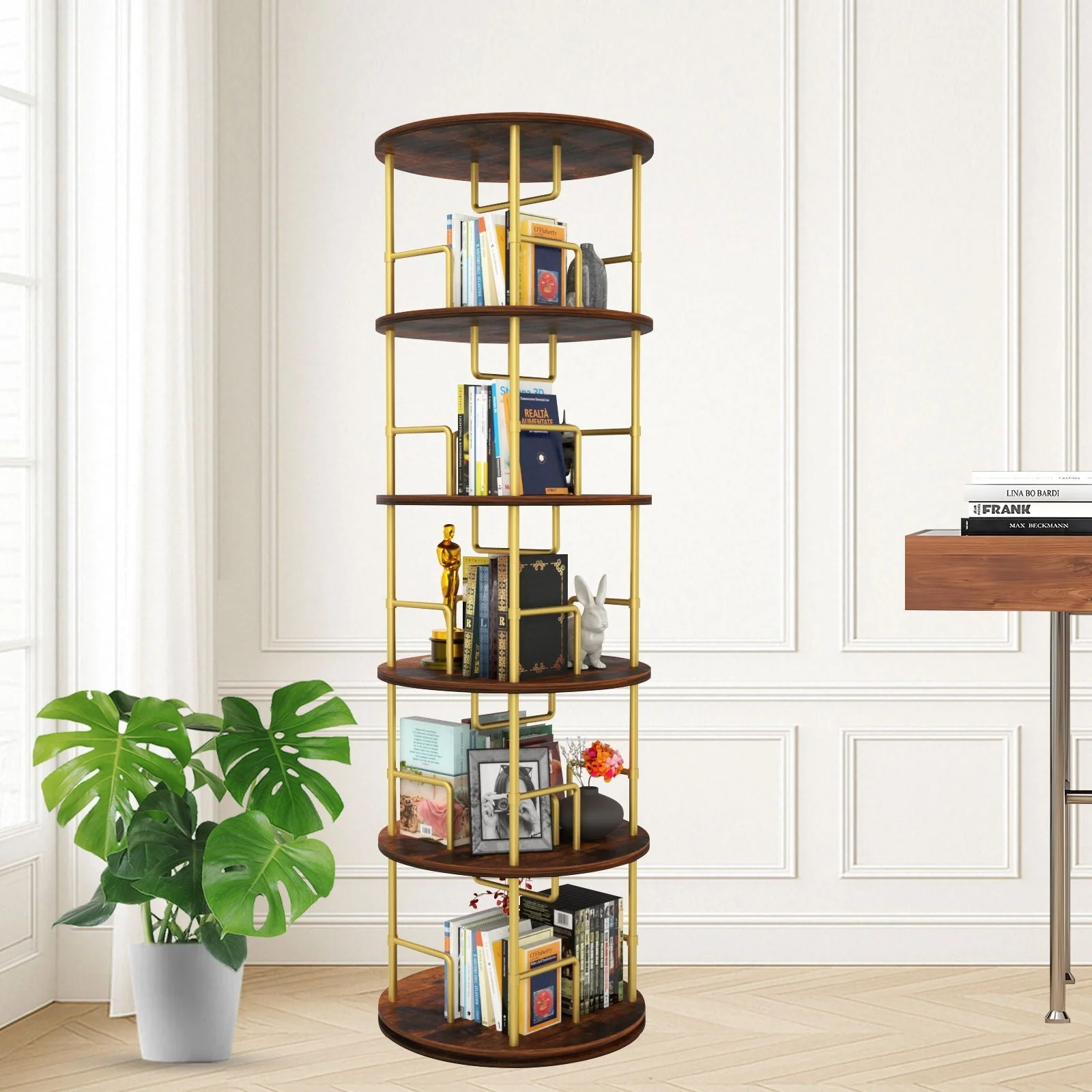 5 Tier 360 Rotating Bookshelf, Display Round Floor Standing Swivel Bookcase For Bedroom - Golden - Image 2