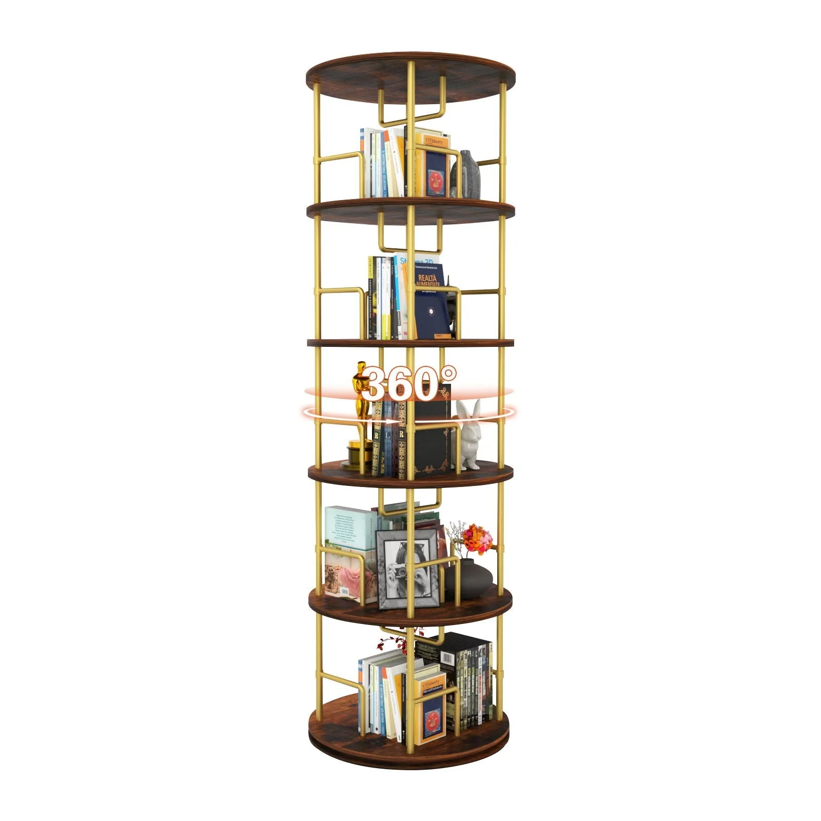 5 Tier 360 Rotating Bookshelf, Display Round Floor Standing Swivel Bookcase For Bedroom - Golden - Image 3