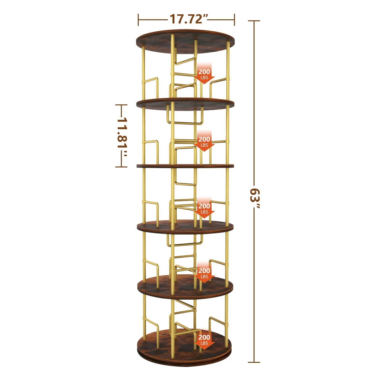 5 Tier 360 Rotating Bookshelf, Display Round Floor Standing Swivel Bookcase For Bedroom - Golden - Image 4