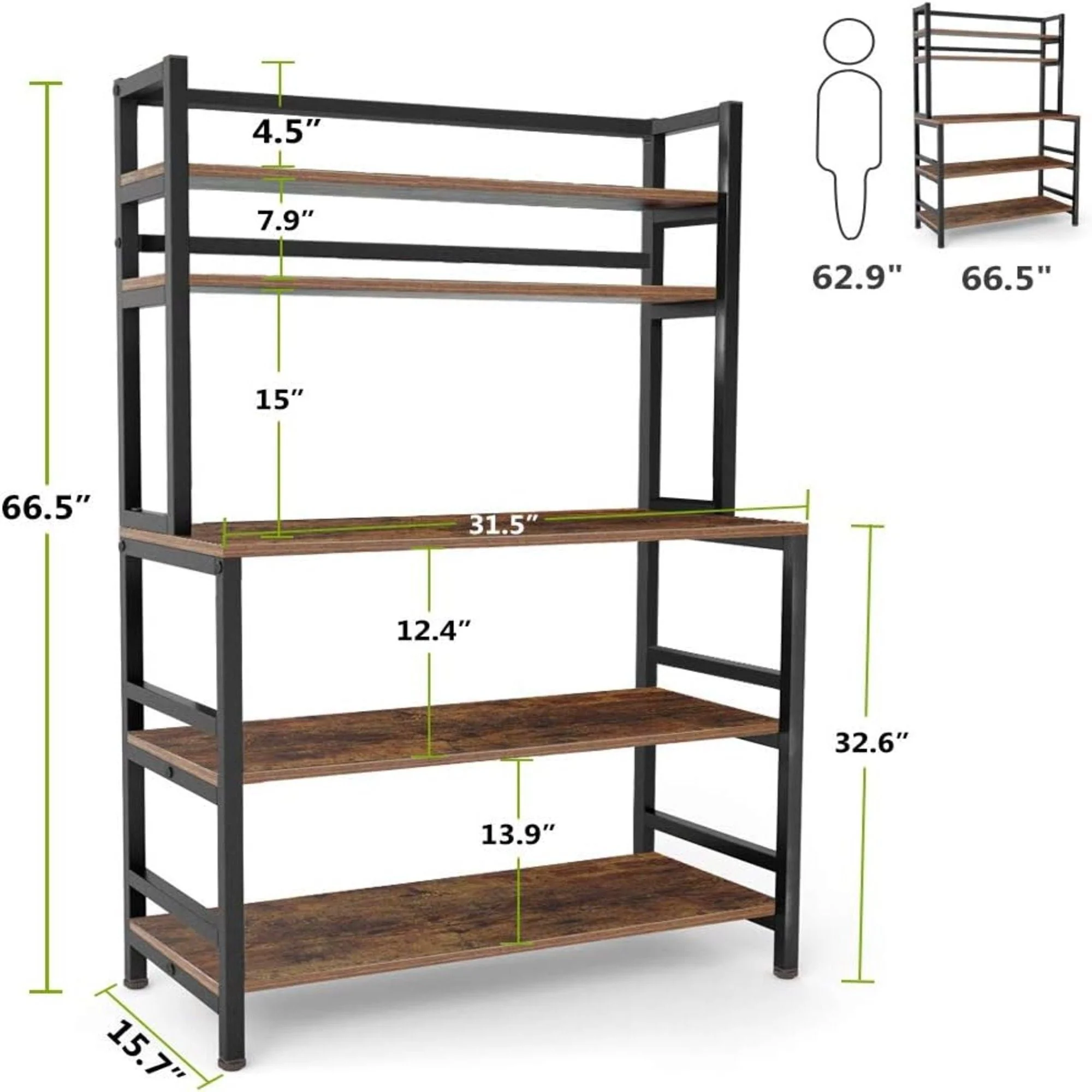 5 Tier Kitchen Bakers Rack With Hutch Microwave Stand, Freestanding Storage Organizer For Countertop - Black - Image 3