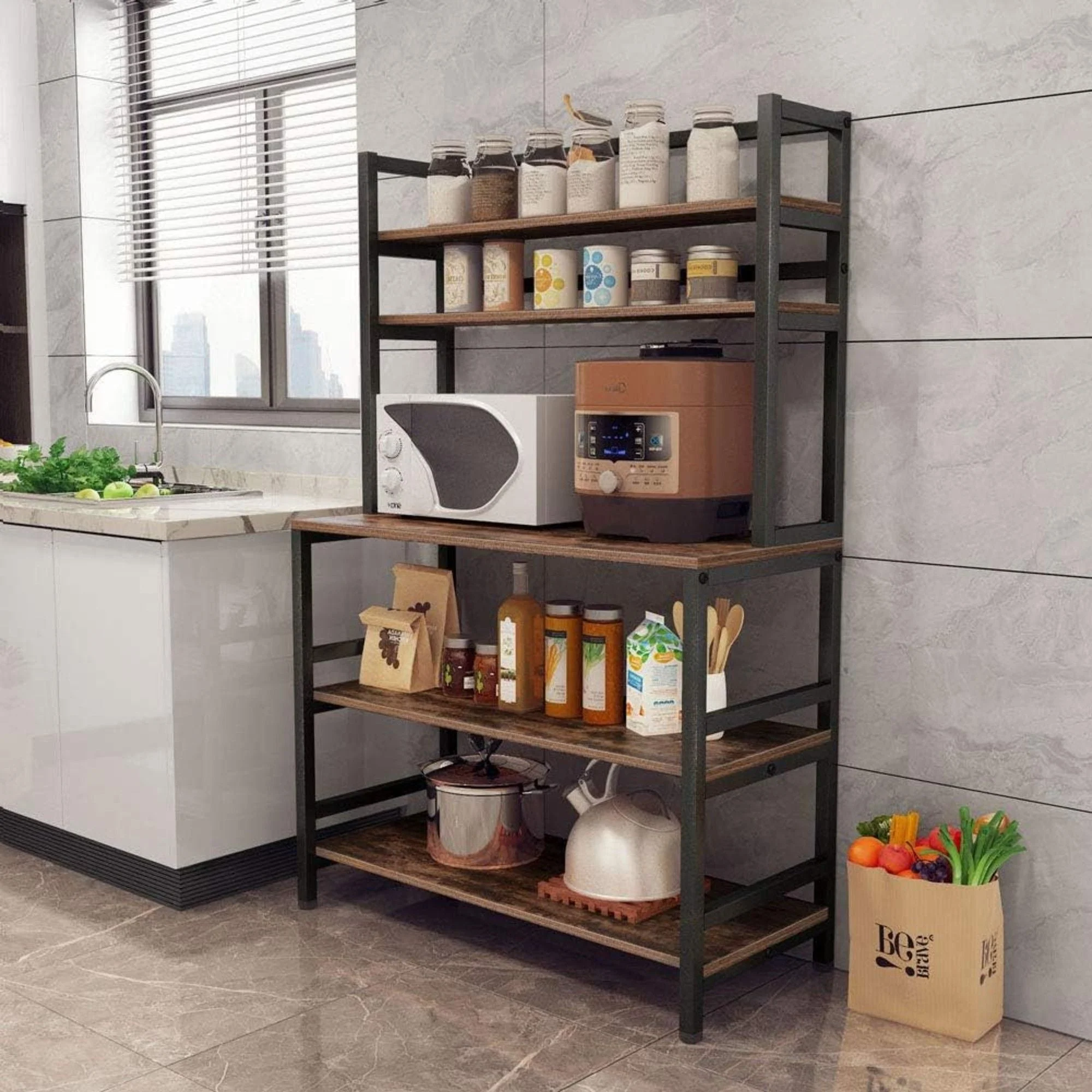 5 Tier Kitchen Bakers Rack With Hutch Microwave Stand, Freestanding Storage Organizer For Countertop - Black - Image 4