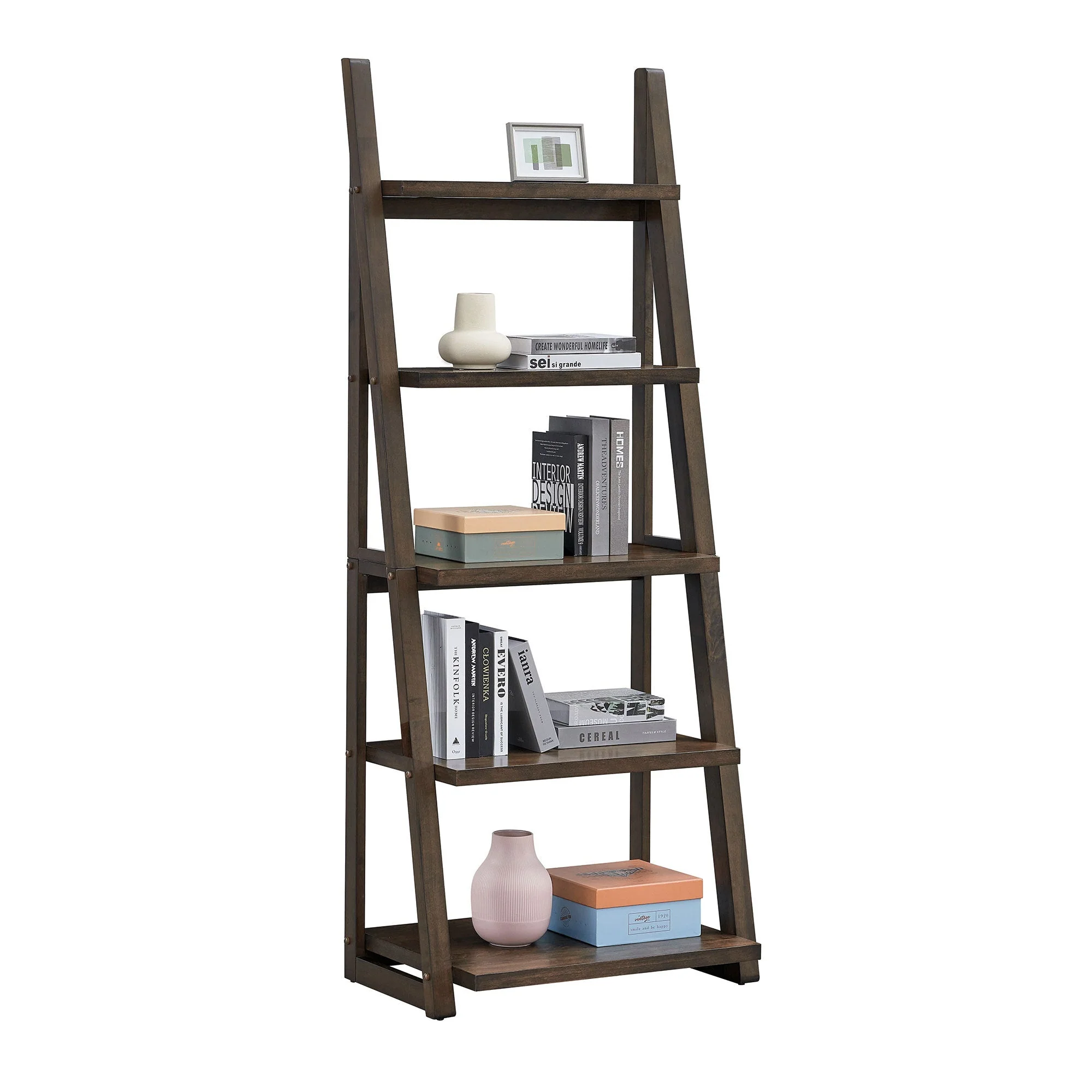5-Tier Rubber Wood Bookshelf Ladder Storage Rack - Image 2