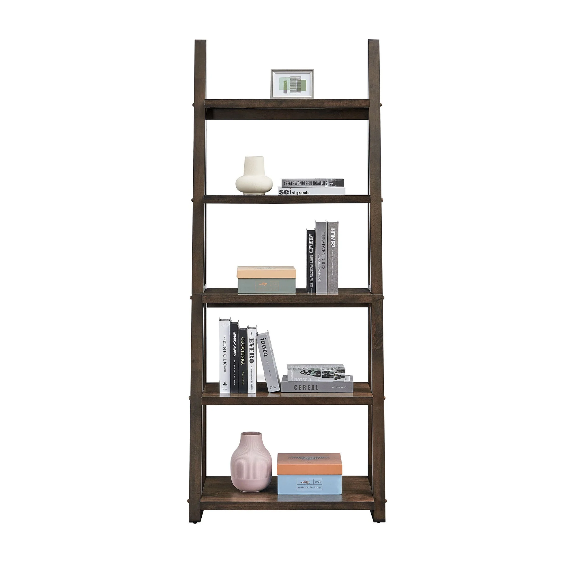 5-Tier Rubber Wood Bookshelf Ladder Storage Rack - Image 3