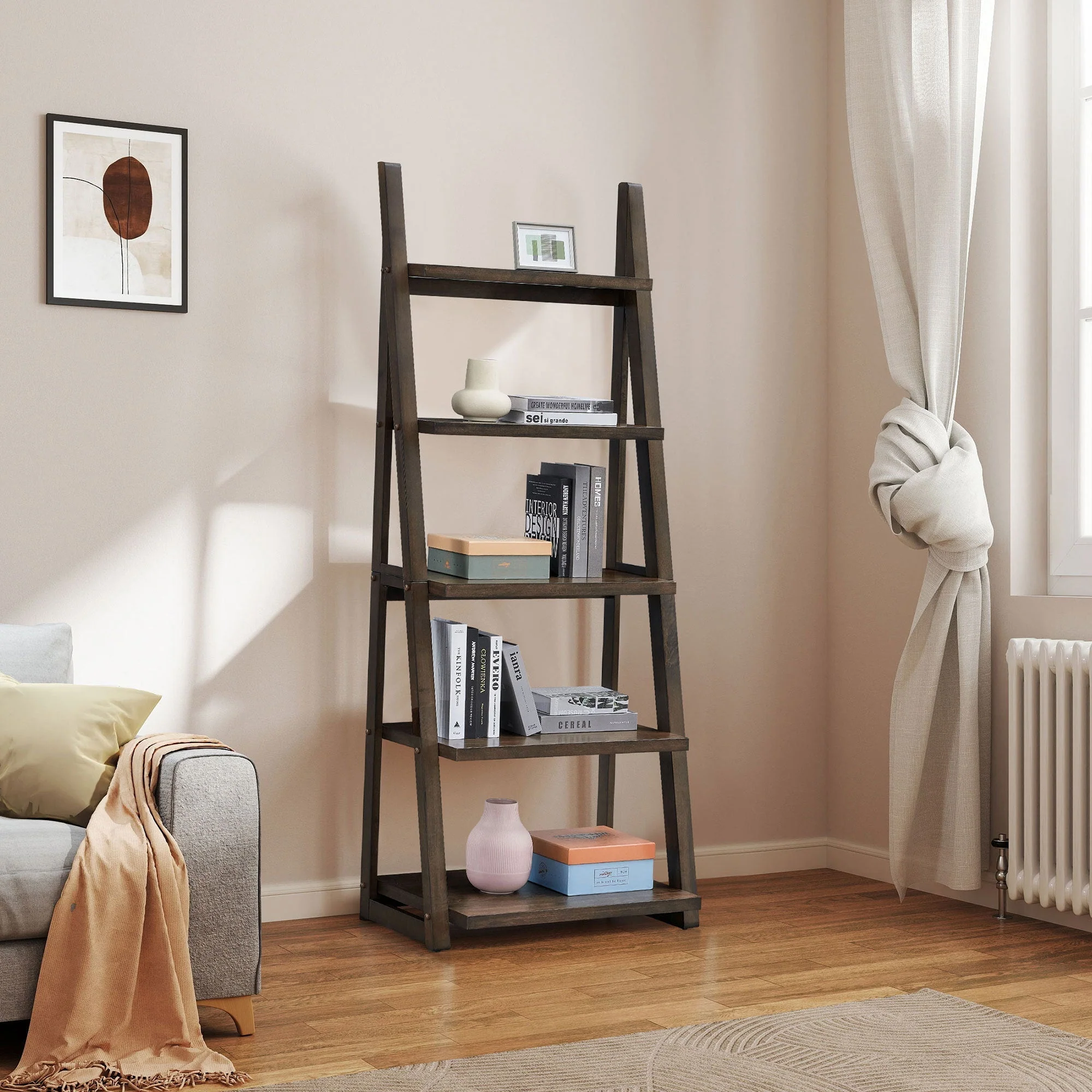 5-Tier Rubber Wood Bookshelf Ladder Storage Rack - Image 4