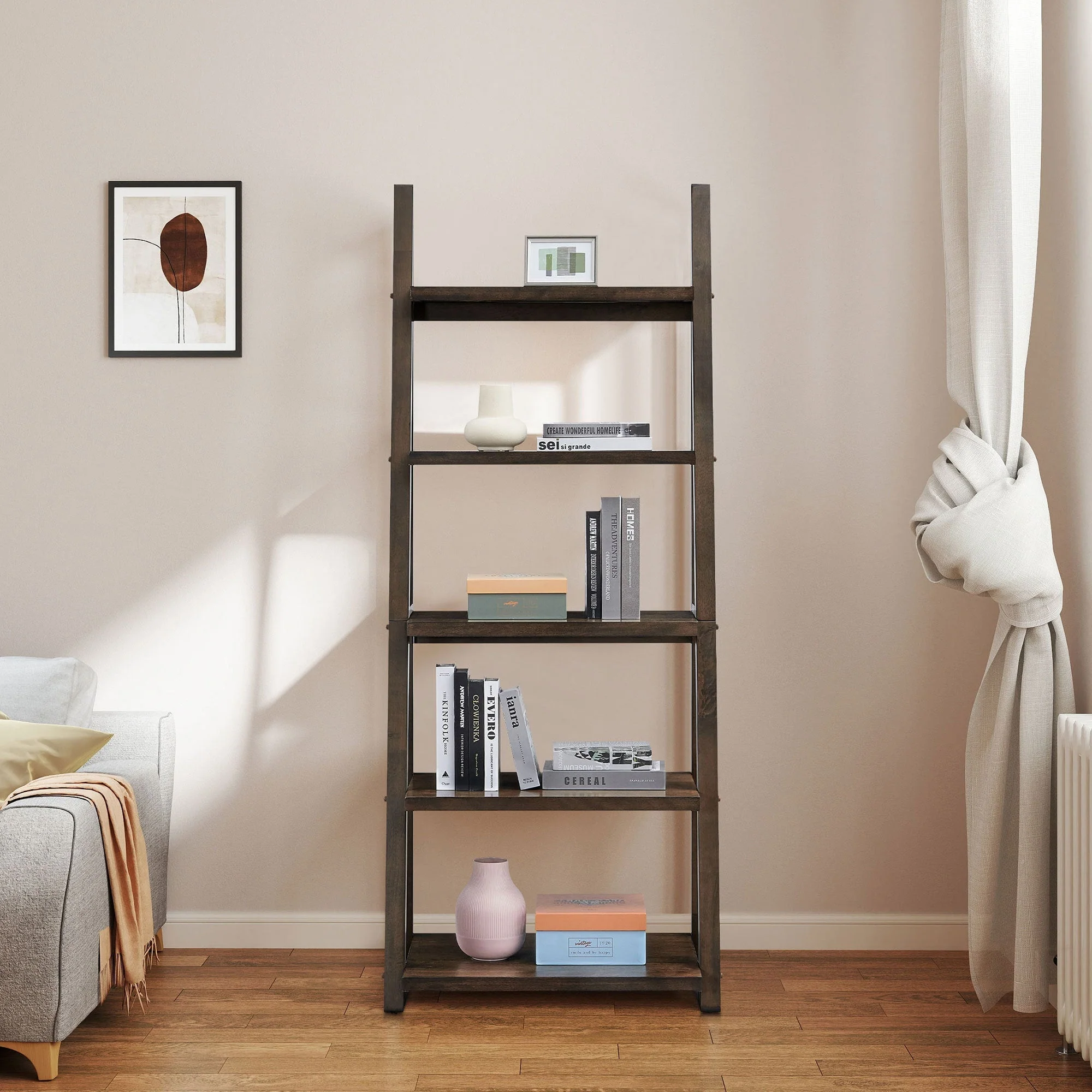 5-Tier Rubber Wood Bookshelf Ladder Storage Rack - Image 5
