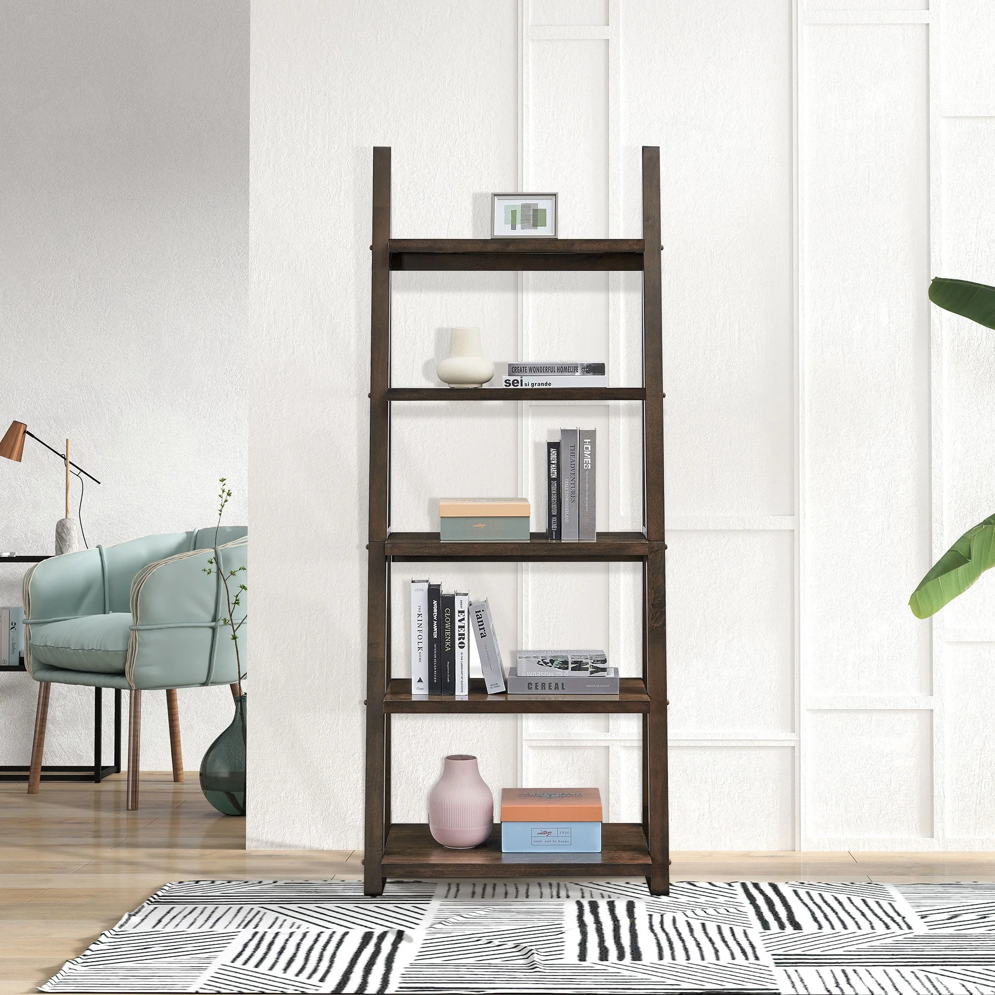5-Tier Rubber Wood Bookshelf Ladder Storage Rack - Image 6