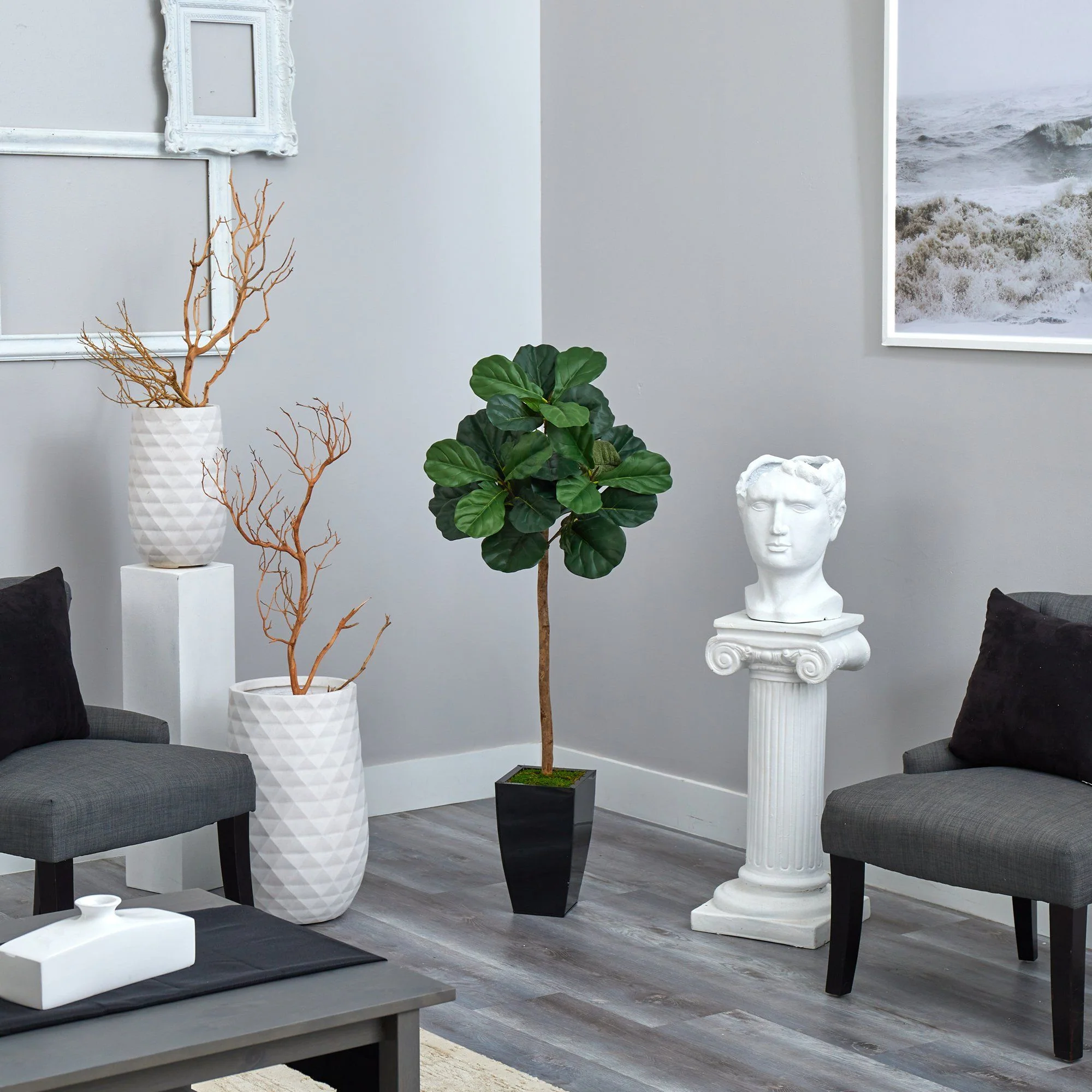 50” Fiddle Leaf Artificial Tree in Black Metal Planter - Image 4