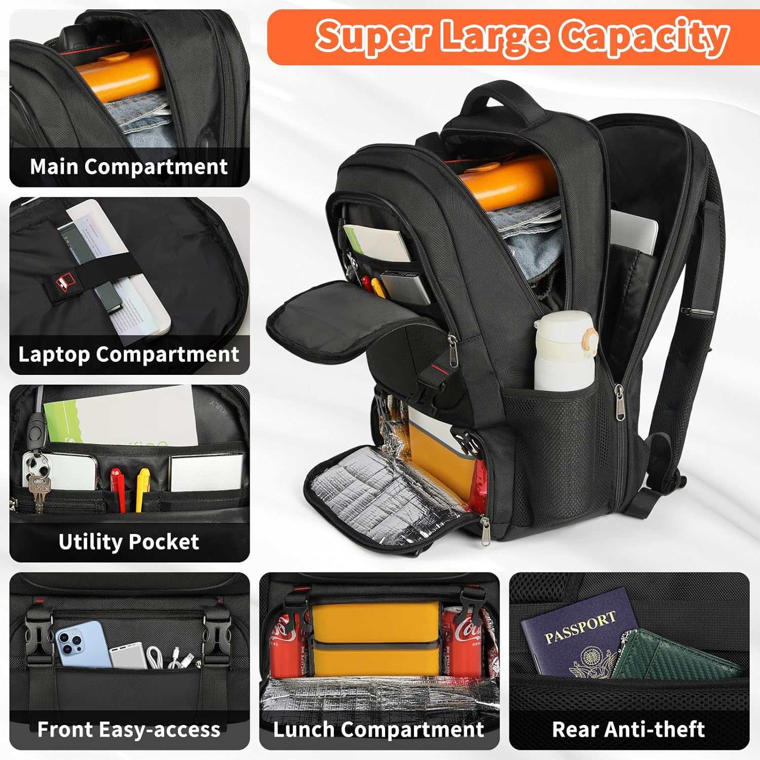 50L Travel Laptop Backpack 17.3 Inch TSA Waterproof with Insulated Compartment USB - Image 3