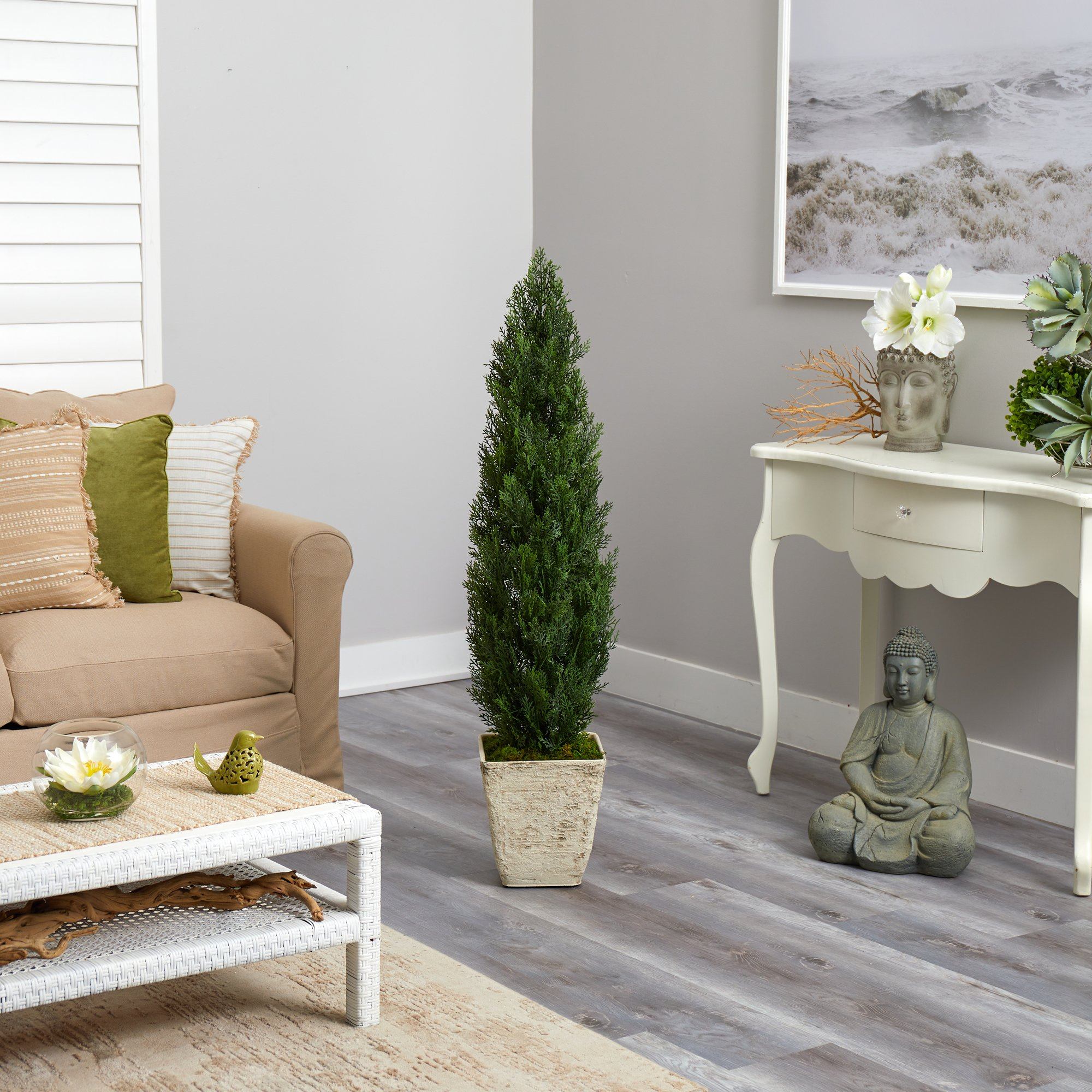 51” Cedar Artificial Tree in Country White Planter (Indoor/Outdoor) - Image 4