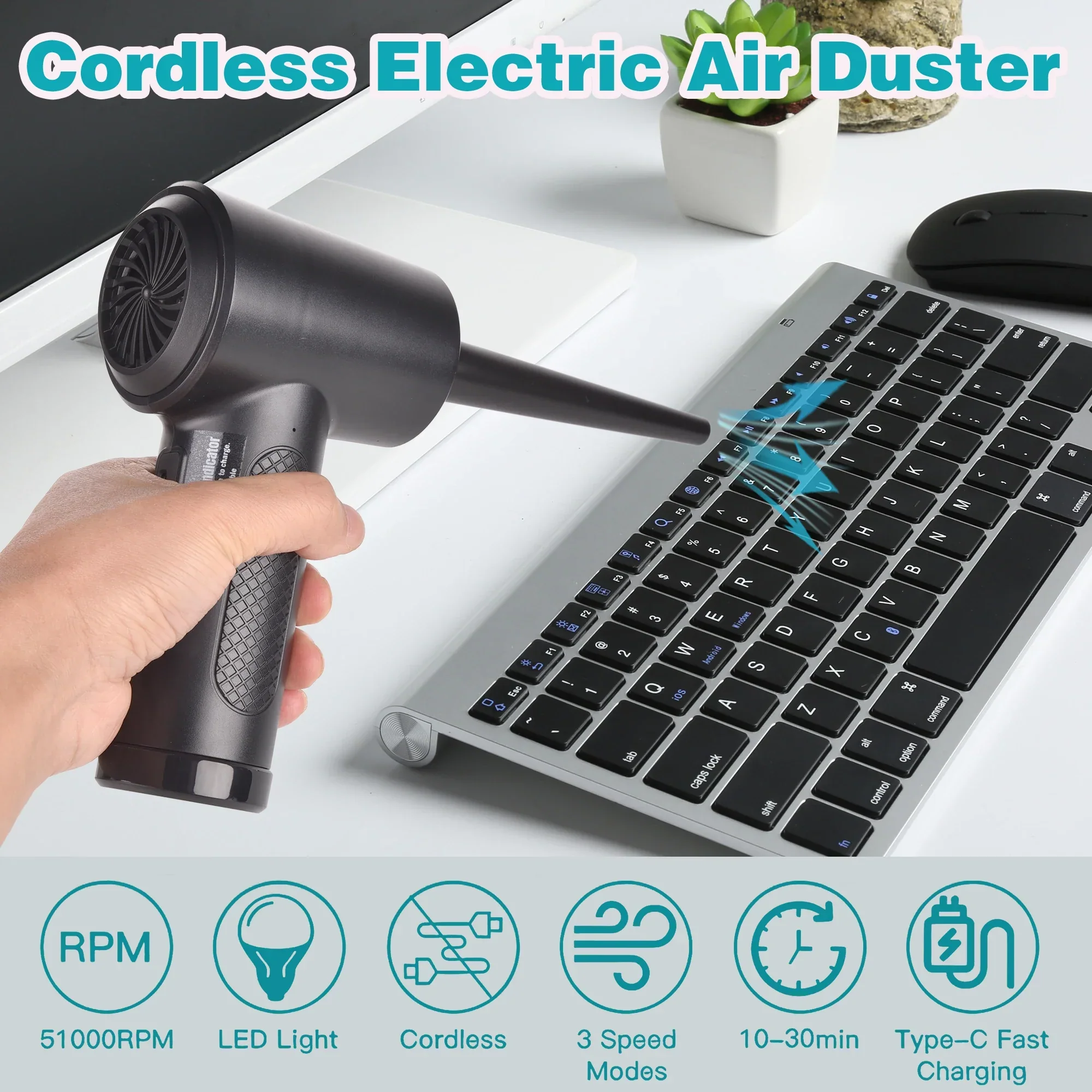 51000RPM Air Duster for Computer Cleaning Cordless Compressed Air Blower with LED - Image 3