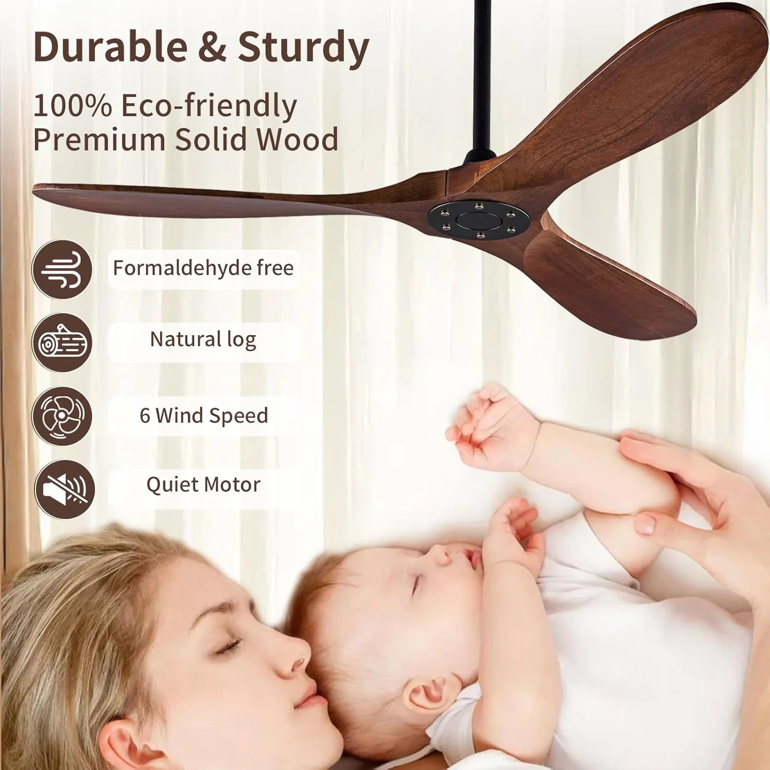 52 Inch Solid Wood Ceiling Fan 3-Blade DC Motor Remote - Image 2