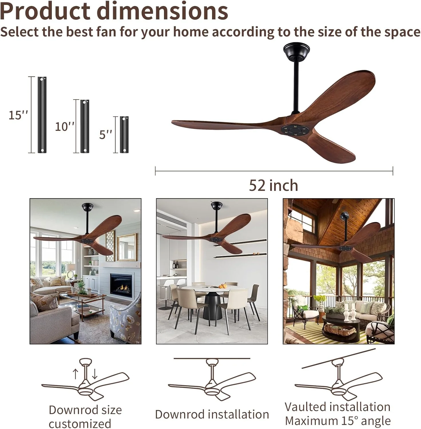 52 Inch Solid Wood Ceiling Fan 3-Blade DC Motor Remote - Image 3