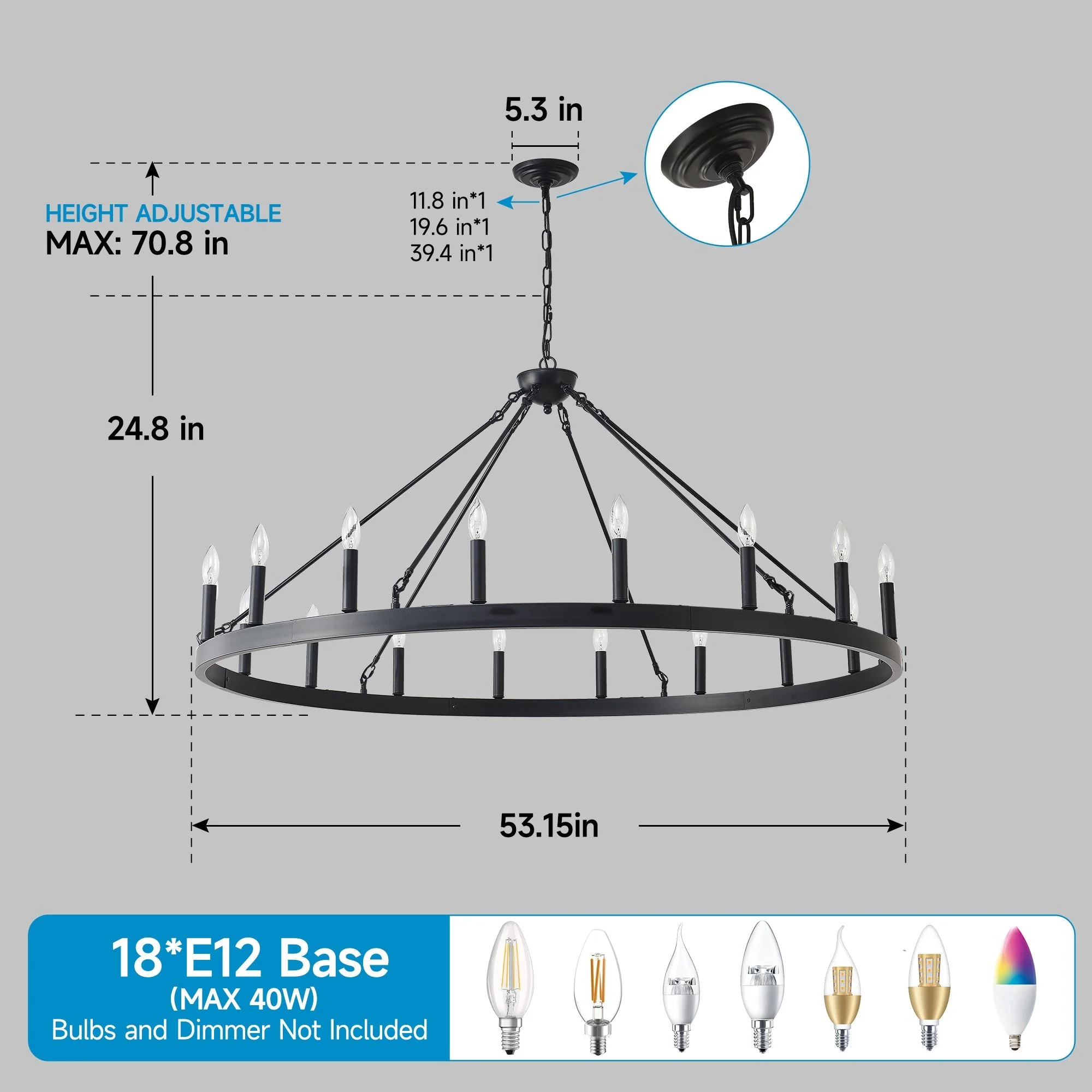 53.15 Inch Matte Black Wagon Wheel Chandelier with 18 Lights - Image 10