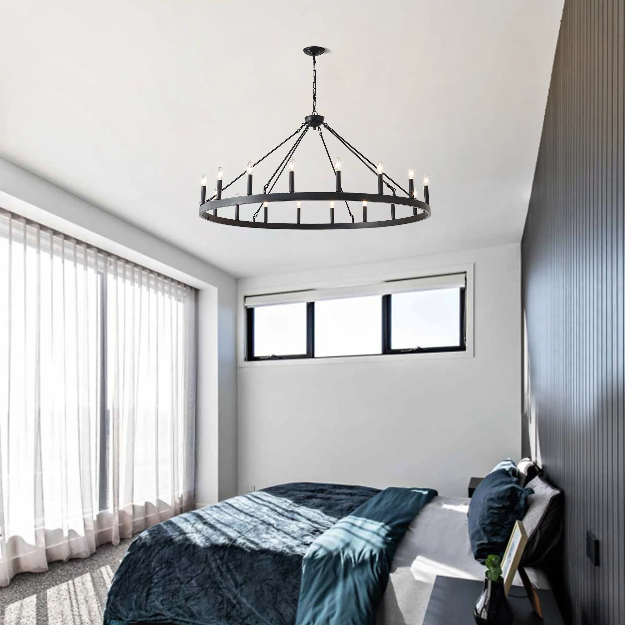 53.15 Inch Matte Black Wagon Wheel Chandelier with 18 Lights - Image 4