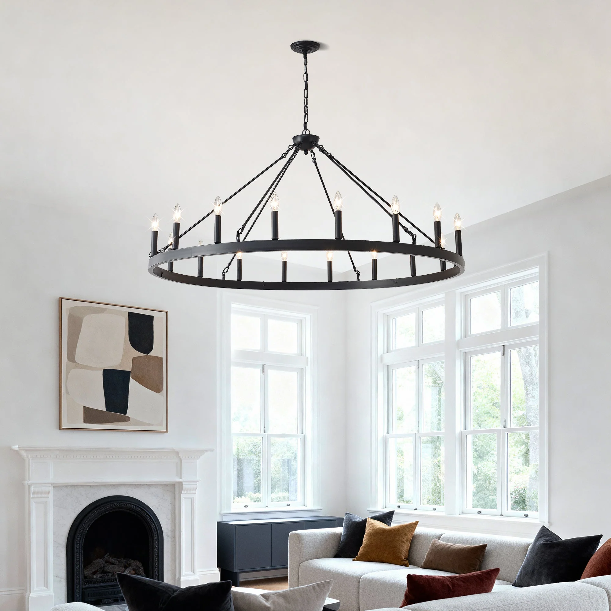 53.15 Inch Matte Black Wagon Wheel Chandelier with 18 Lights - Image 5