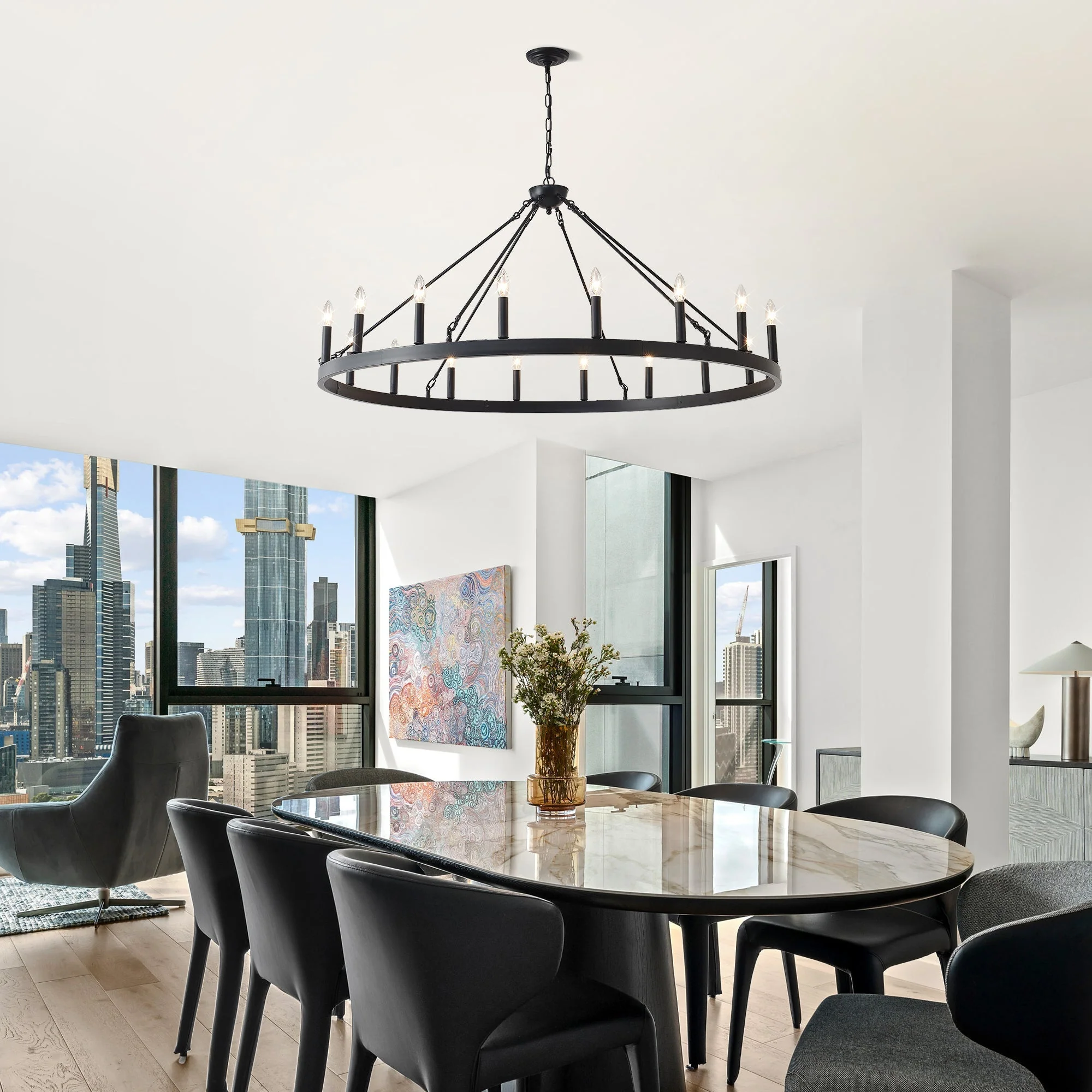 53.15 Inch Matte Black Wagon Wheel Chandelier with 18 Lights - Image 6