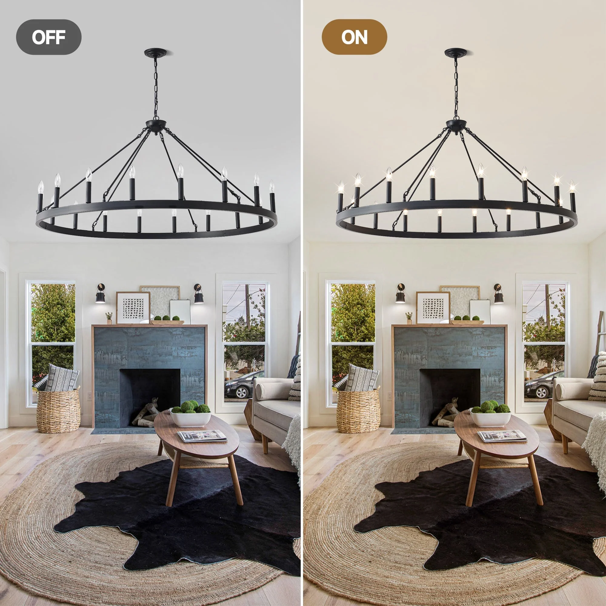 53.15 Inch Matte Black Wagon Wheel Chandelier with 18 Lights - Image 8