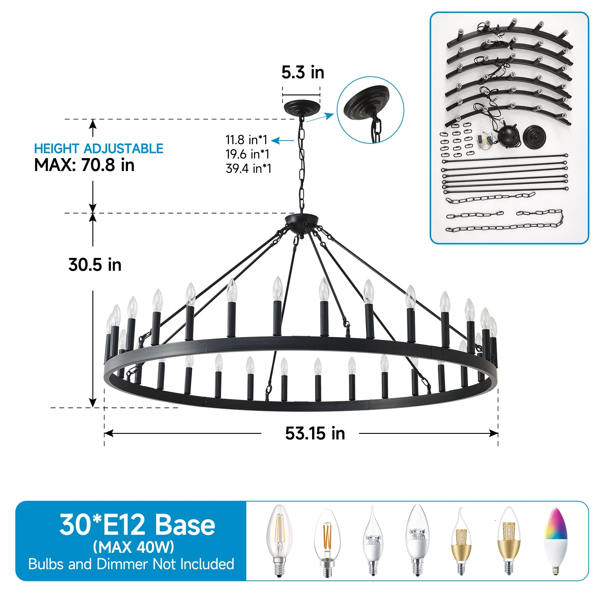 53.15 Inch Matte Black Wagon Wheel Chandelier With 30 Lights - Image 10