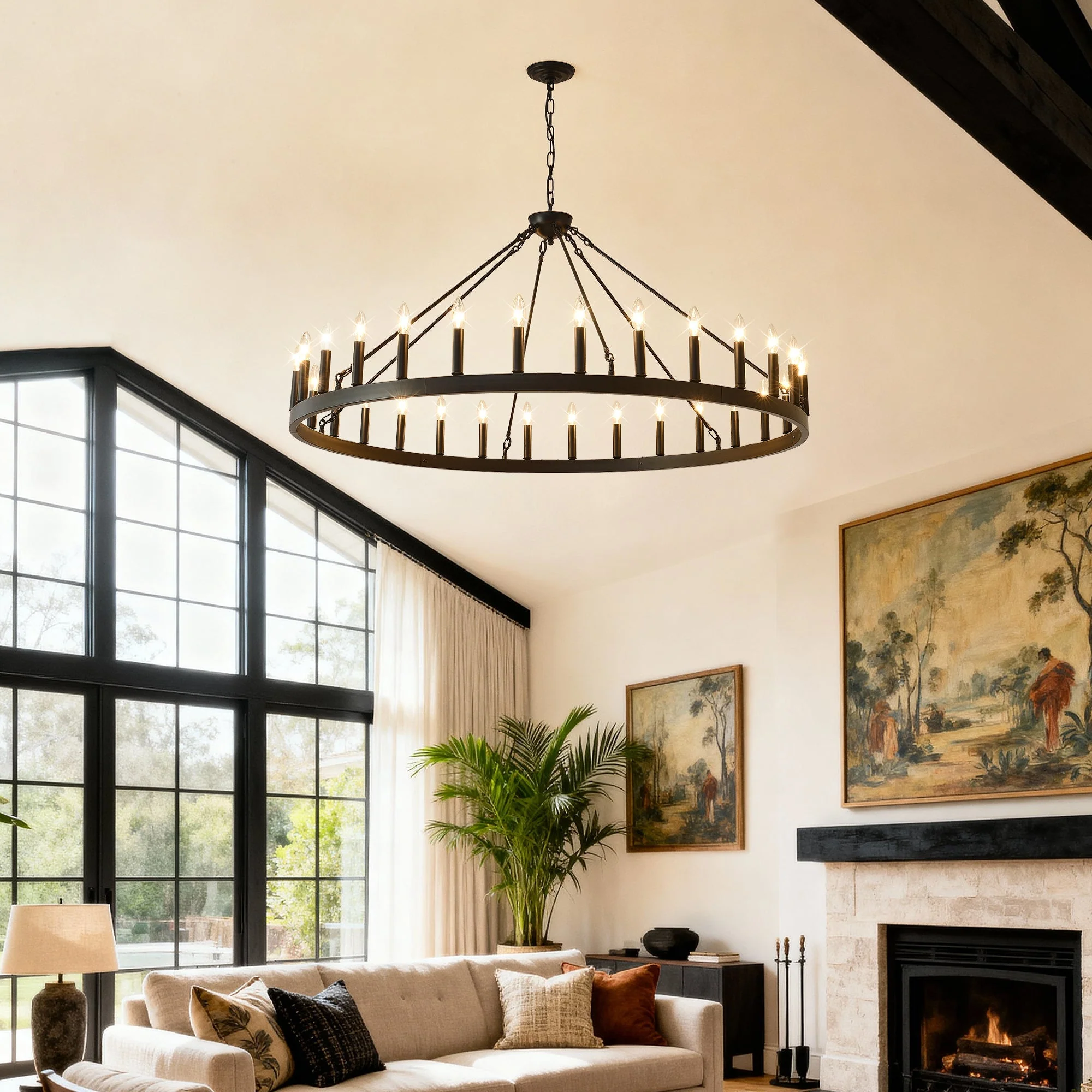 53.15 Inch Matte Black Wagon Wheel Chandelier With 30 Lights - Image 4