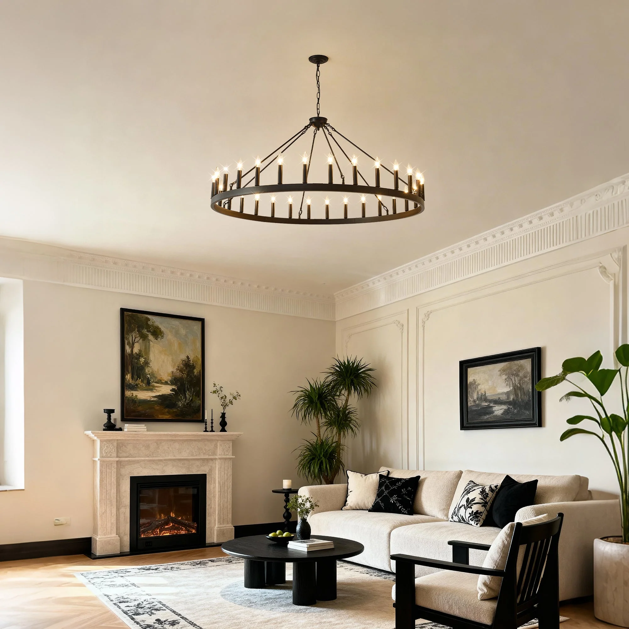 53.15 Inch Matte Black Wagon Wheel Chandelier With 30 Lights - Image 7