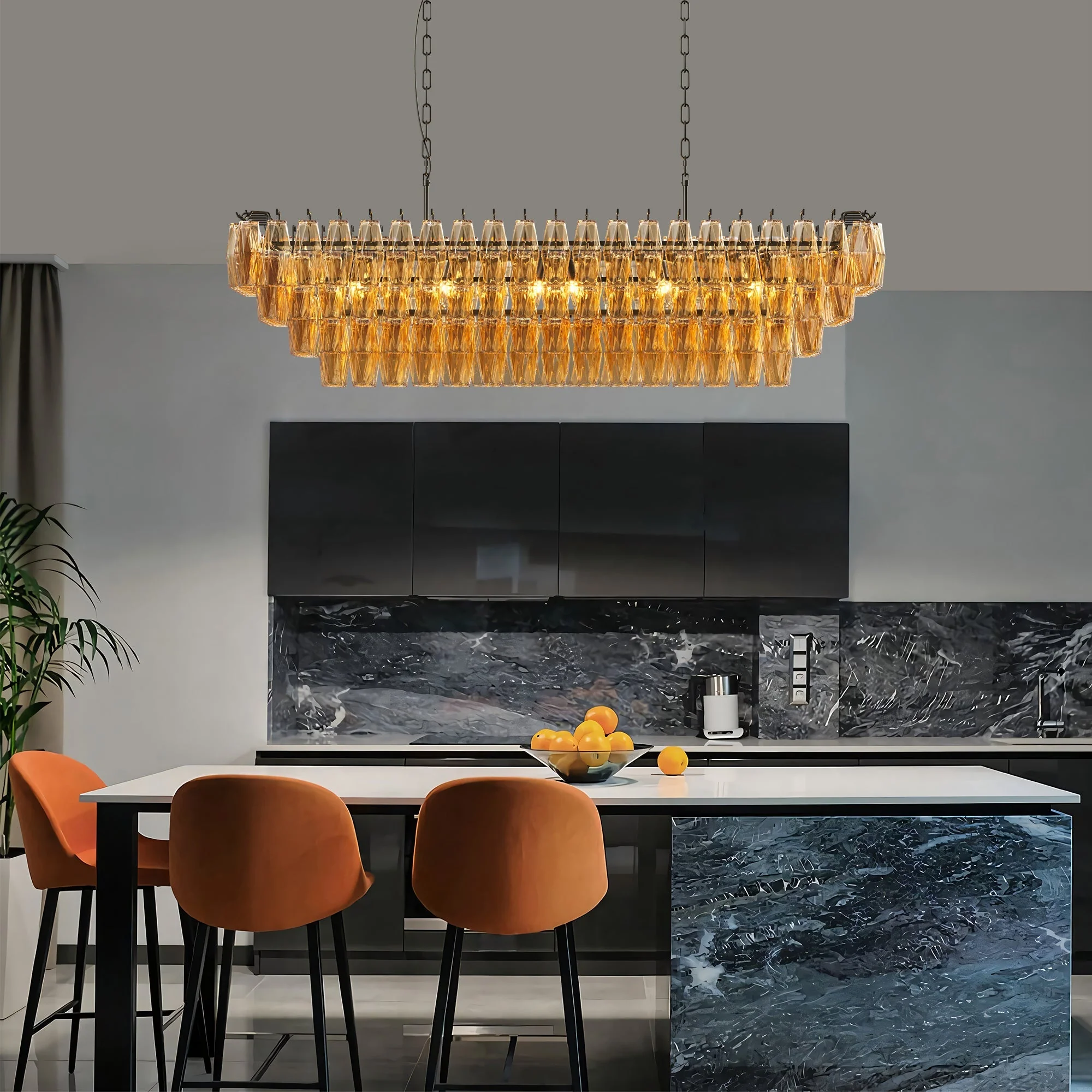 54' Black Rectangular Chandeliers for Dining Room, 12-Light 4 Tiered Large Smoke Glass Chandelier, Modern Kitchen Island Farmhouse Hanging Light Fixture for Living Room Foyer(Bulb not included) - Image 2