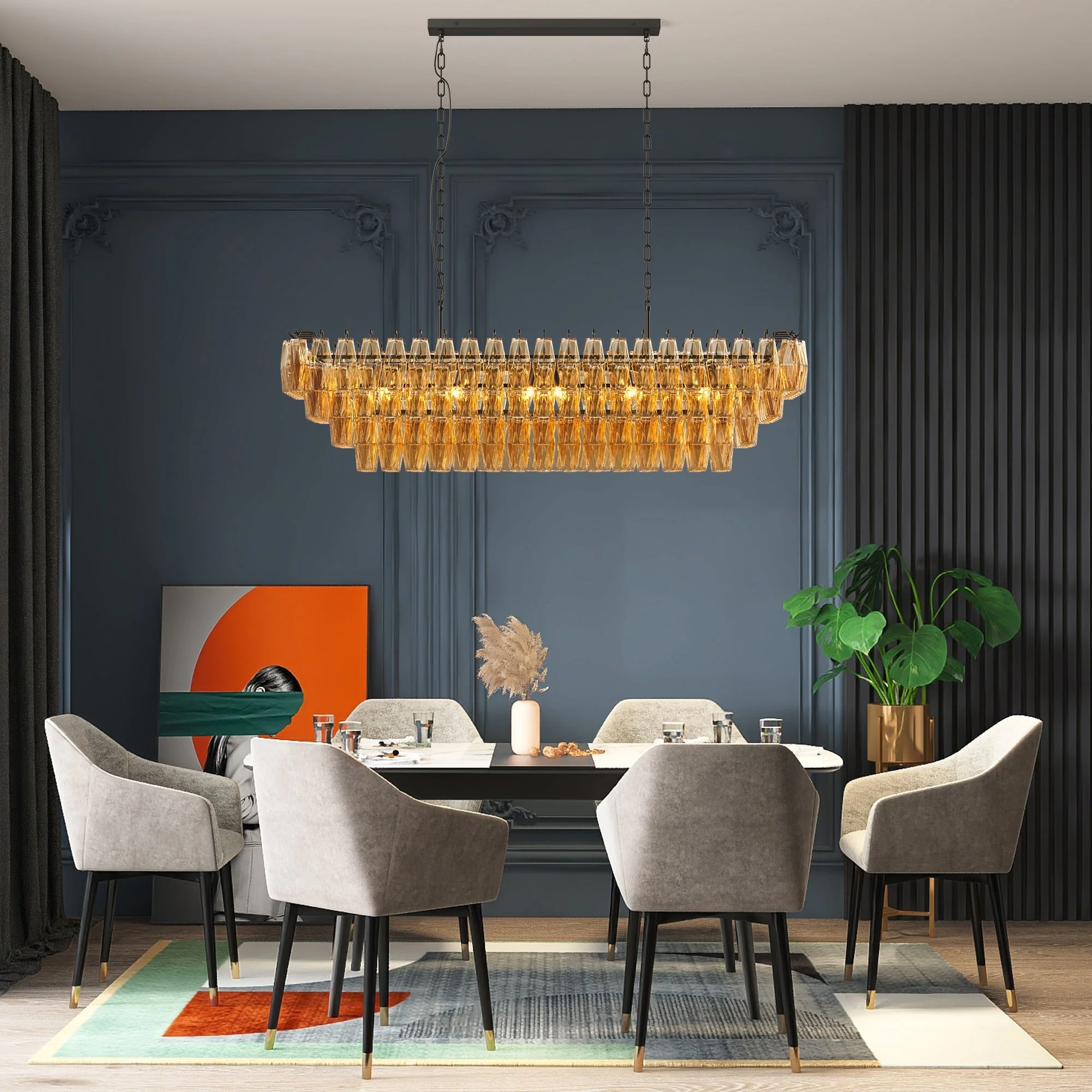 54' Black Rectangular Chandeliers for Dining Room, 12-Light 4 Tiered Large Smoke Glass Chandelier, Modern Kitchen Island Farmhouse Hanging Light Fixture for Living Room Foyer(Bulb not included) - Image 3