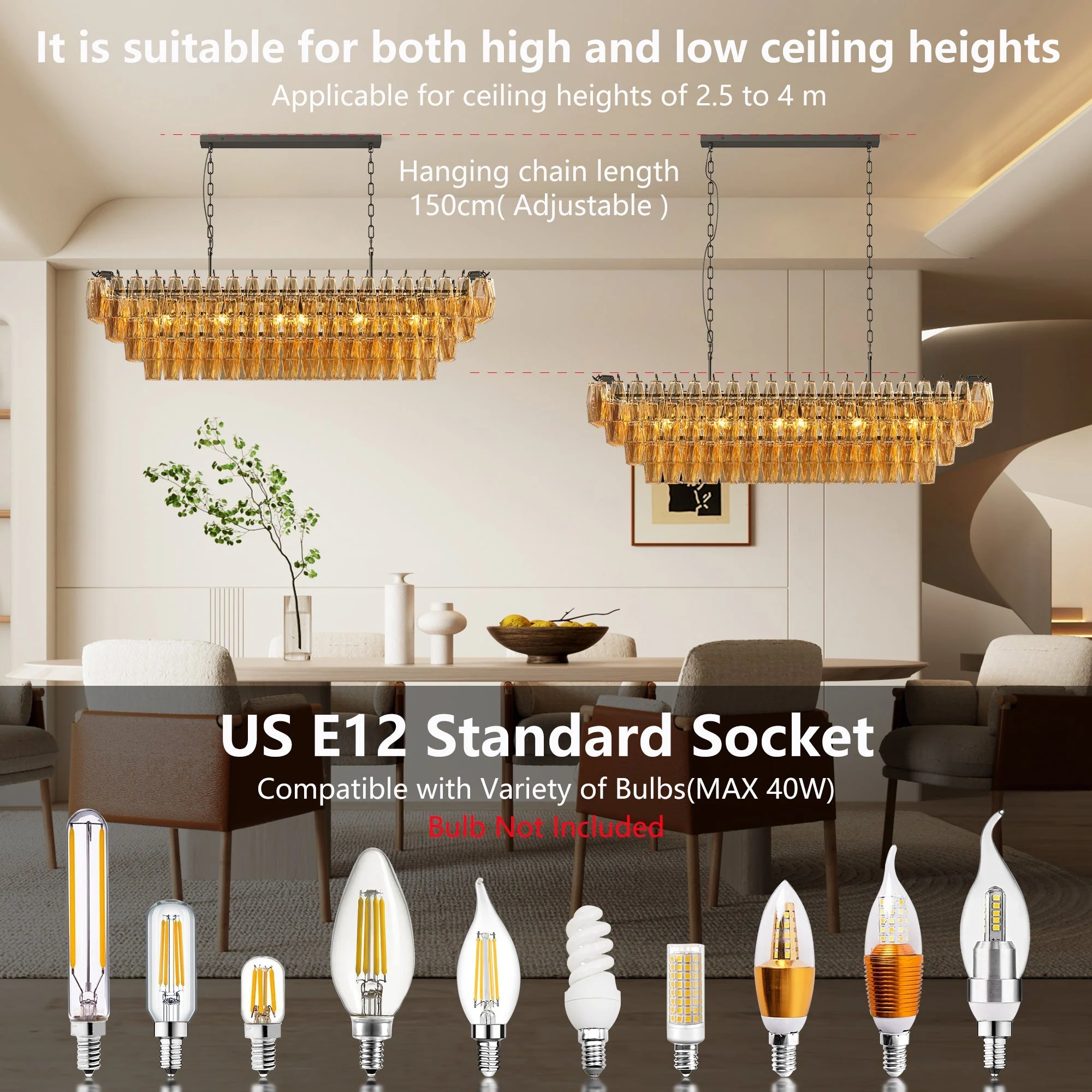 54' Black Rectangular Chandeliers for Dining Room, 12-Light 4 Tiered Large Smoke Glass Chandelier, Modern Kitchen Island Farmhouse Hanging Light Fixture for Living Room Foyer(Bulb not included) - Image 4