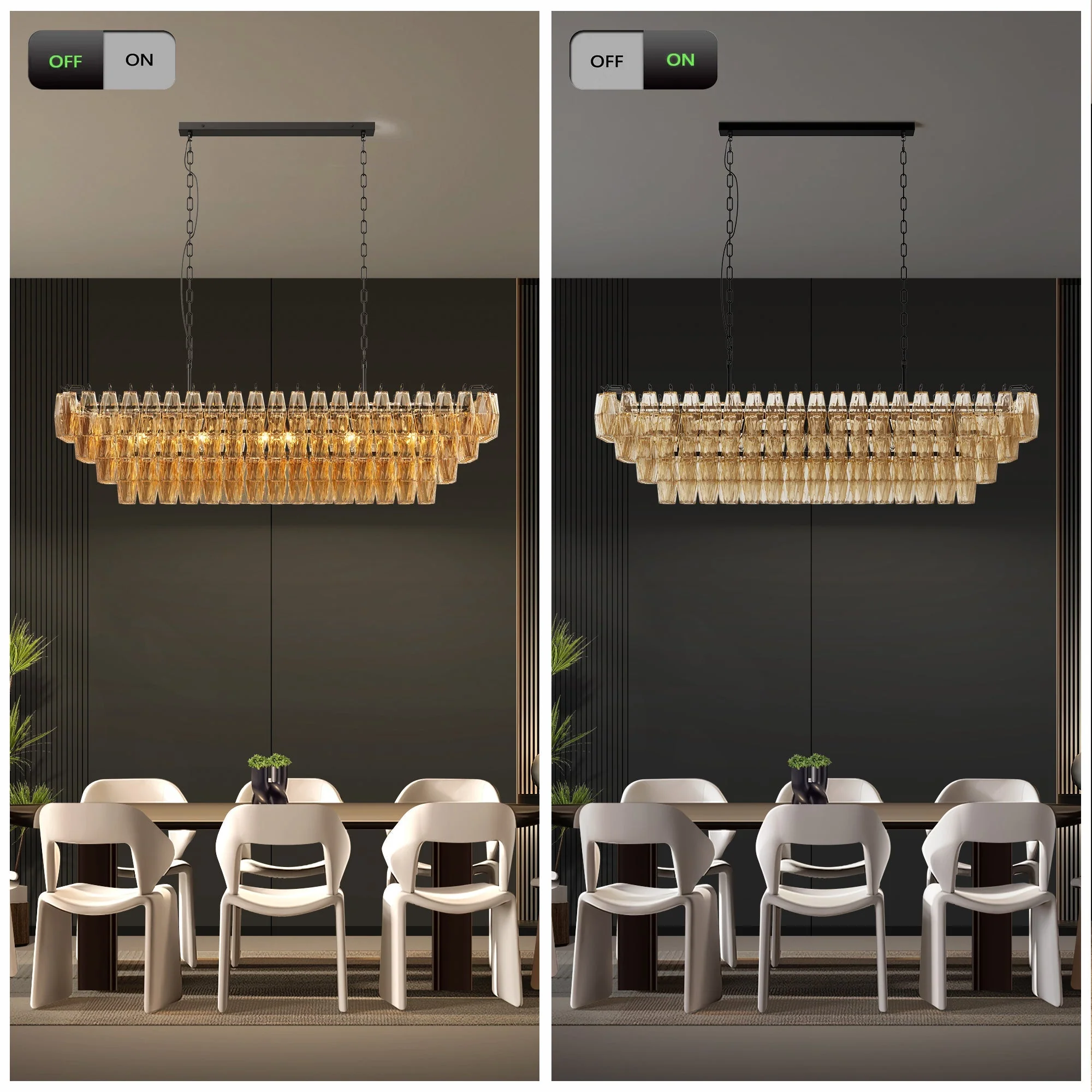 54' Black Rectangular Chandeliers for Dining Room, 12-Light 4 Tiered Large Smoke Glass Chandelier, Modern Kitchen Island Farmhouse Hanging Light Fixture for Living Room Foyer(Bulb not included) - Image 5
