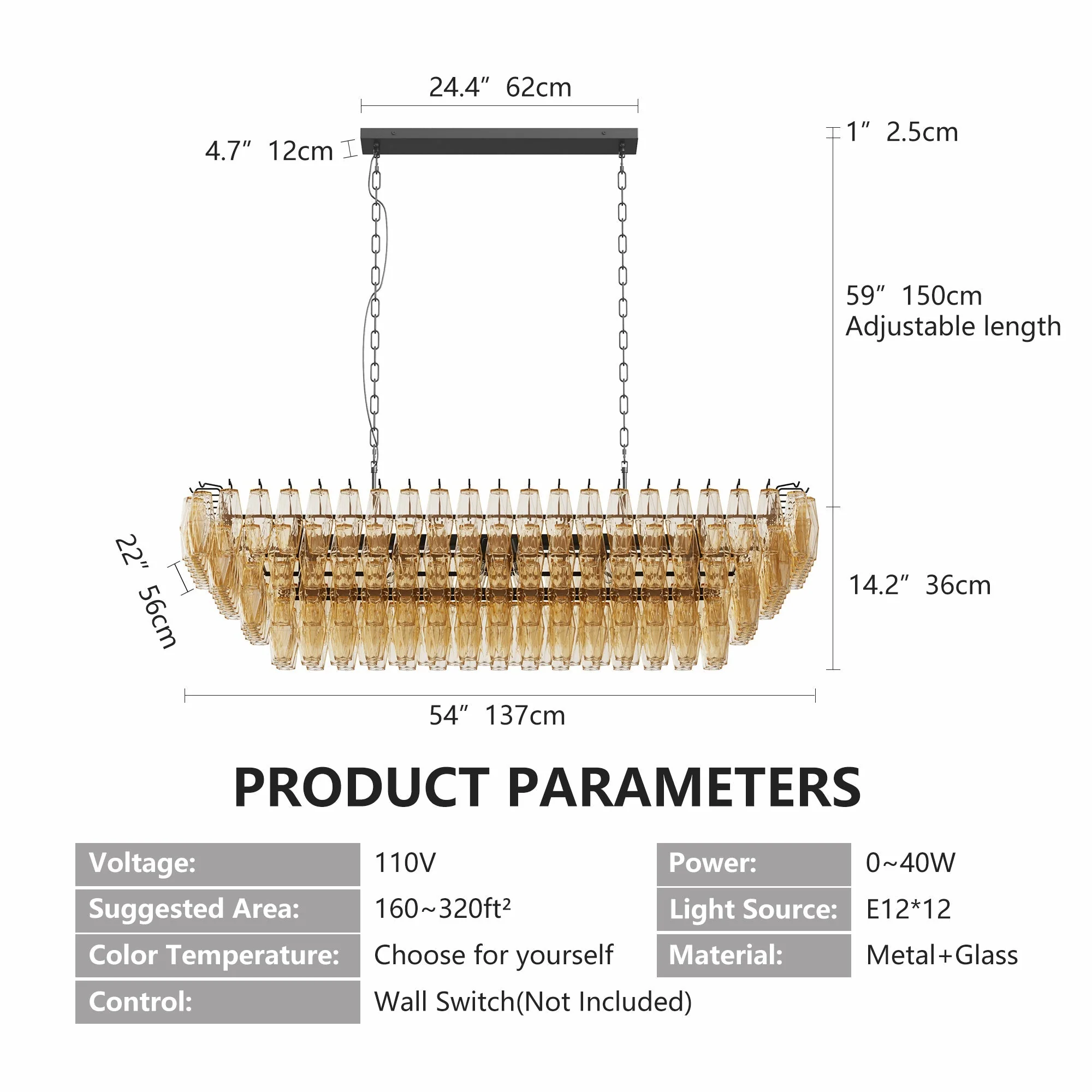 54' Black Rectangular Chandeliers for Dining Room, 12-Light 4 Tiered Large Smoke Glass Chandelier, Modern Kitchen Island Farmhouse Hanging Light Fixture for Living Room Foyer(Bulb not included) - Image 7