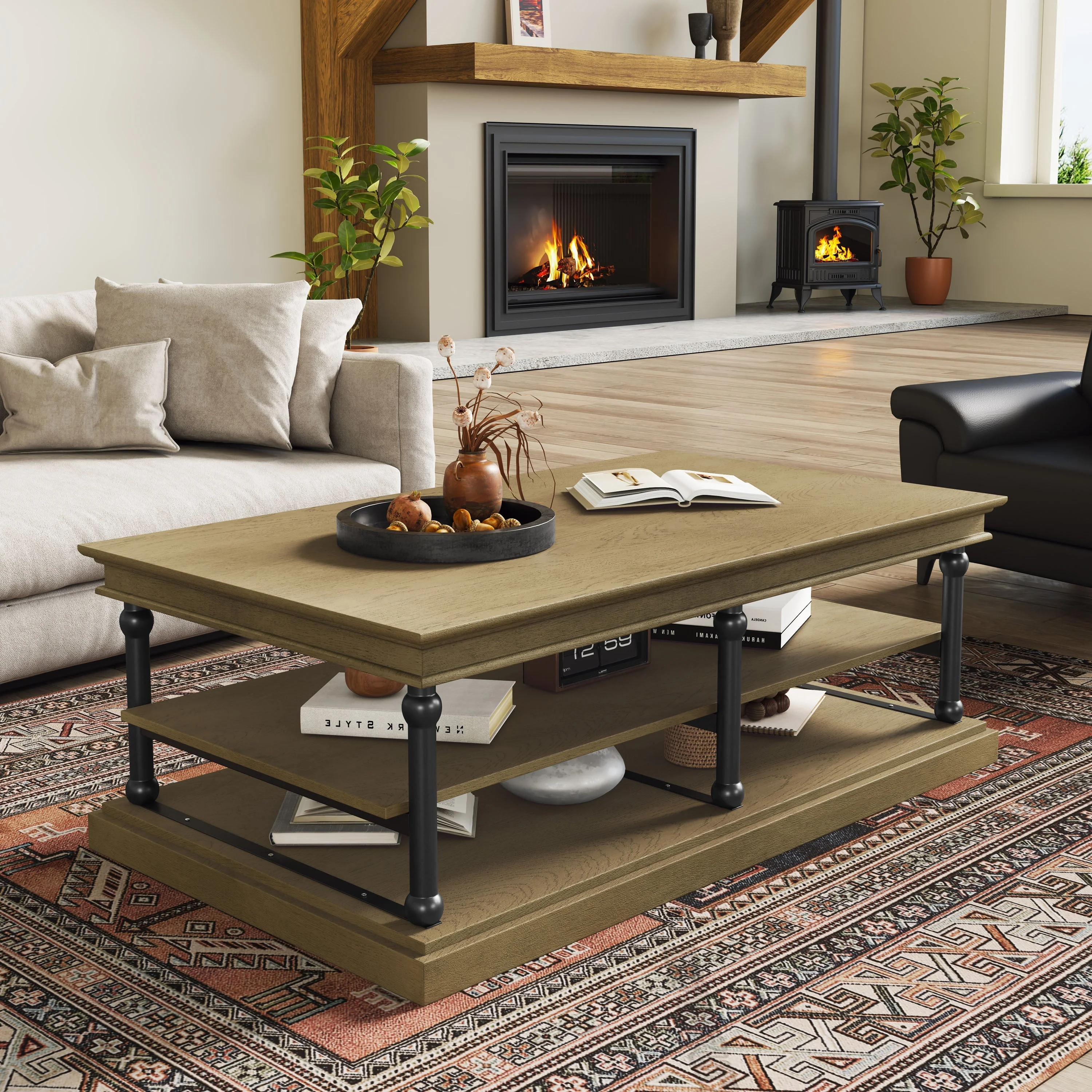 55.1' Wood Coffee Table with Black Legs and Open Storage Shelves - Image 2