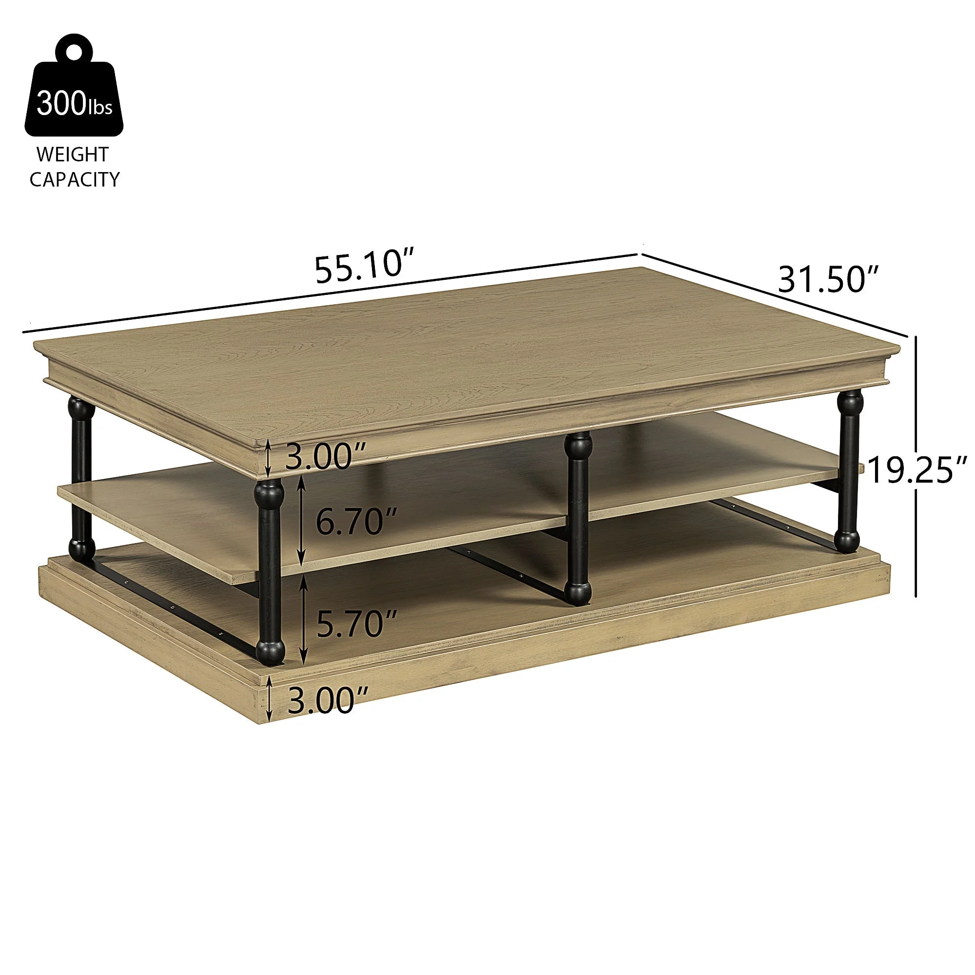 55.1' Wood Coffee Table with Black Legs and Open Storage Shelves - Image 3